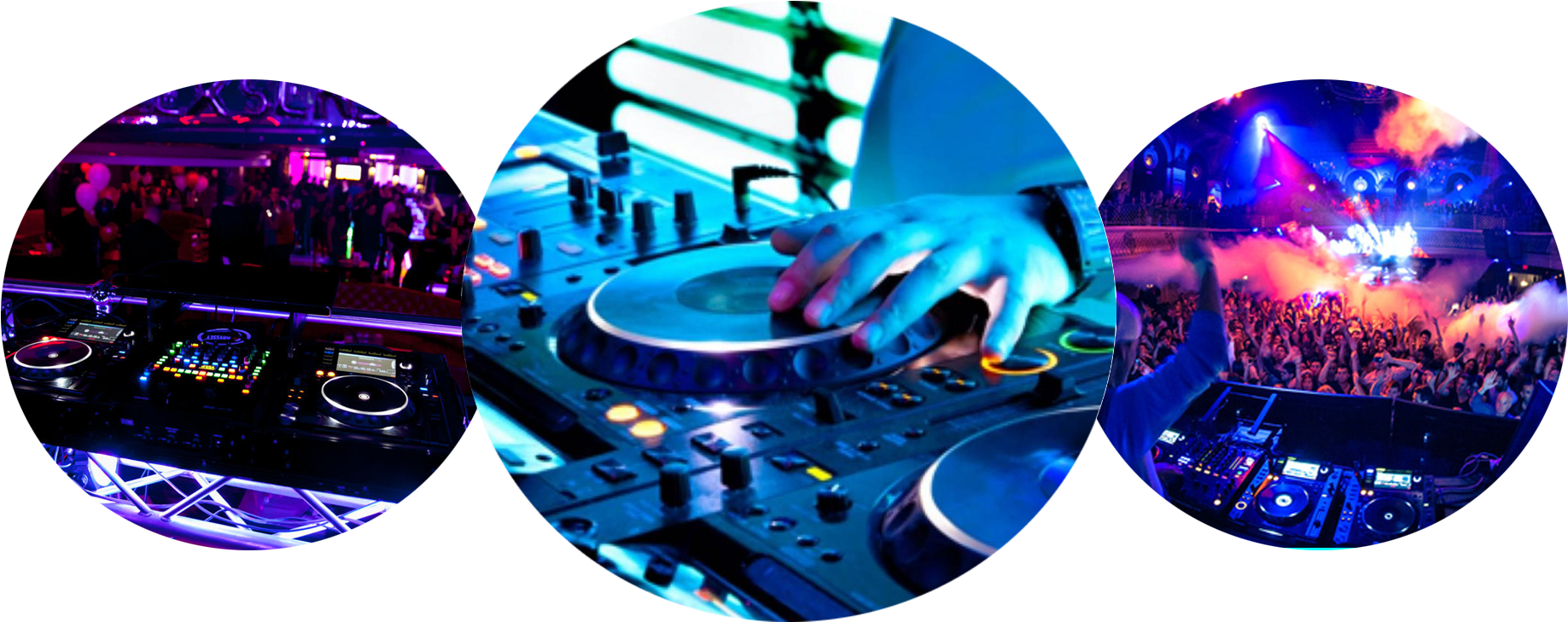 DJ現場混音夜店場景 壁紙 — 三個圓形視角捕捉到一位DJ在霓虹燈下打碟，人群在充滿活力的夜總會中跳舞。