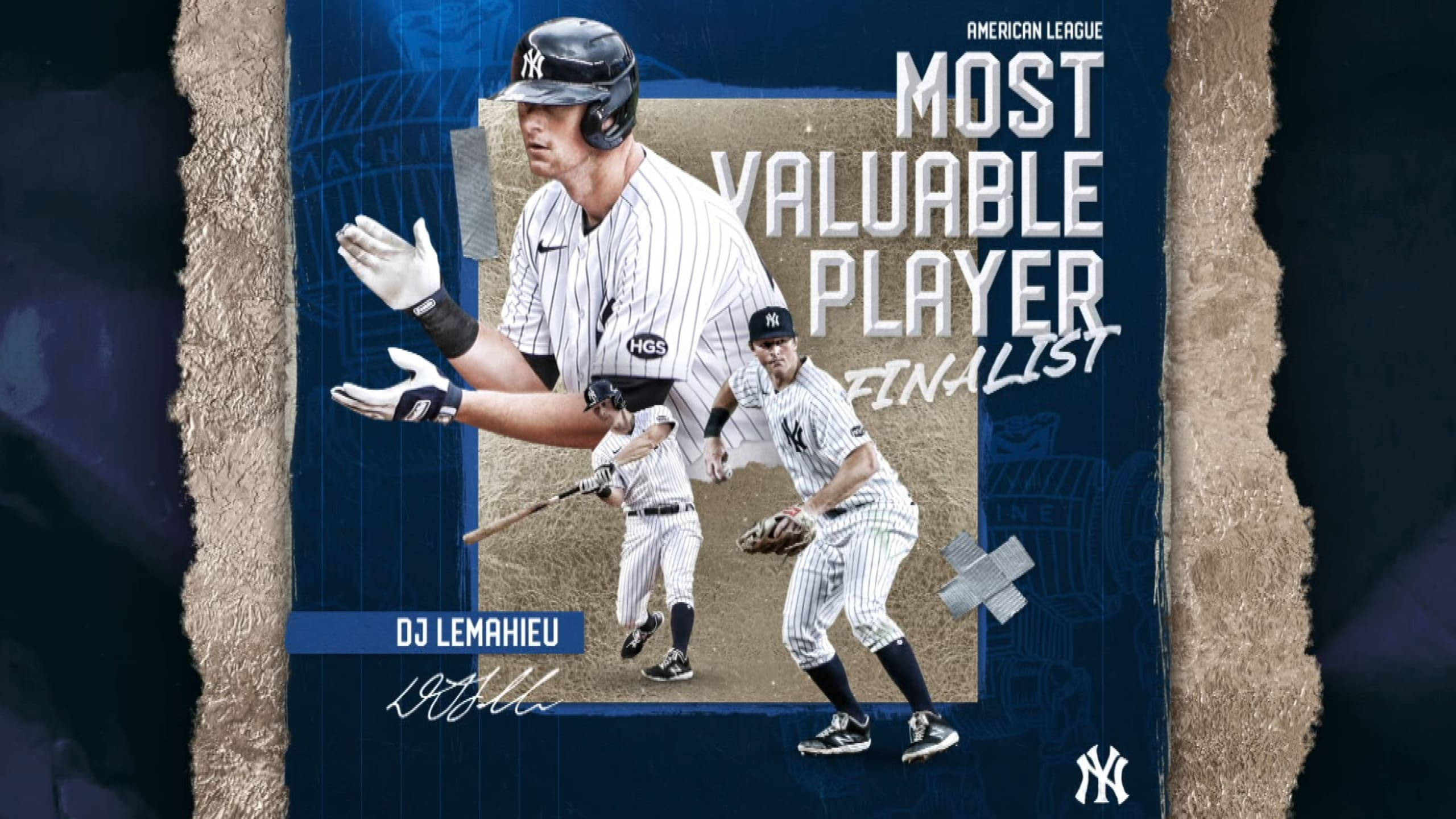 DJ勒馬休MVP粉絲藝術 壁紙 — 充滿活力的棒球運動員DJ Lemahieu身穿細條紋制服，在撕裂邊緣圖形背景上與隊友一起慶祝成為MVP決賽入圍者。