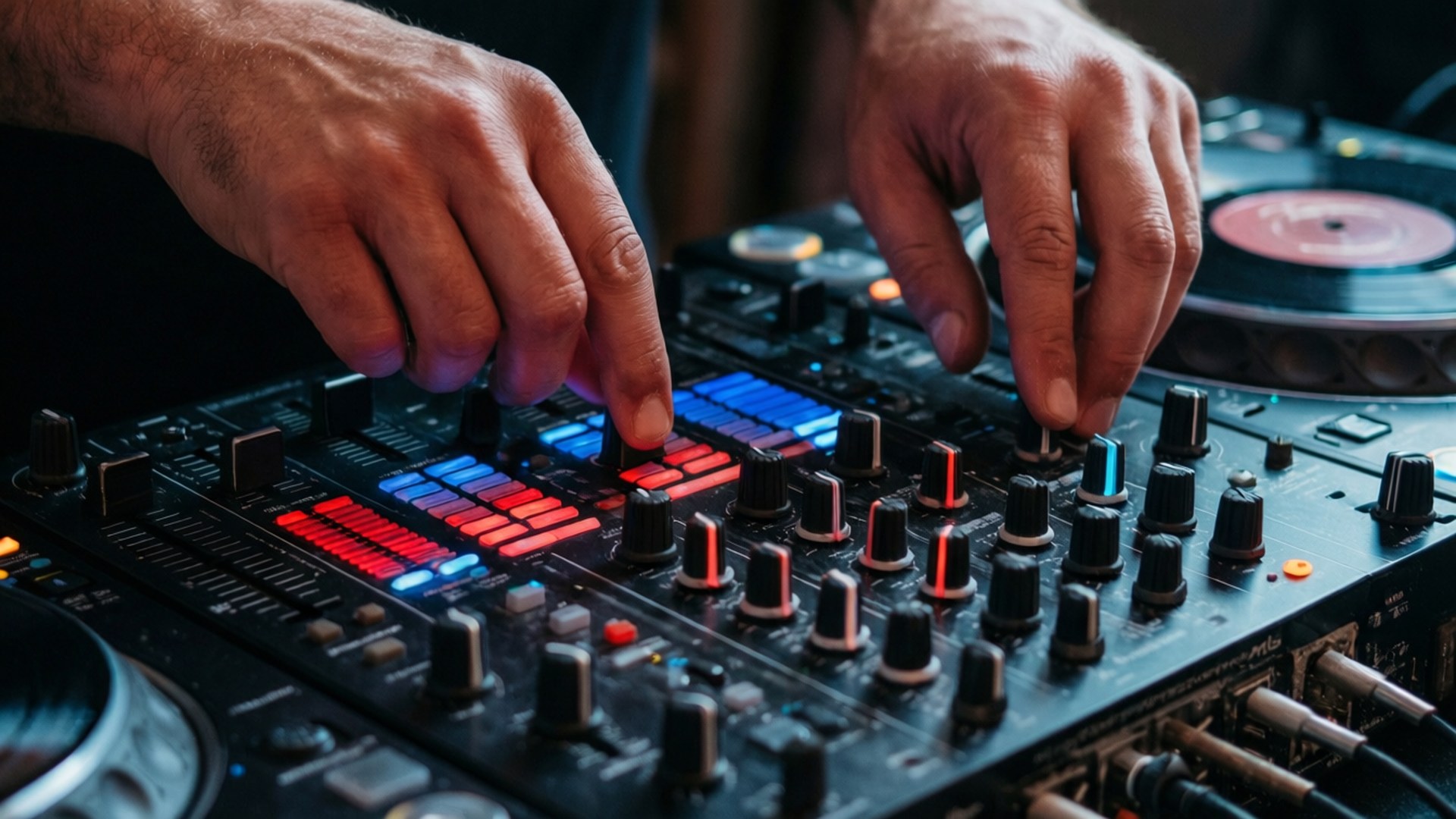 DJ雙手操控混音器 壁紙 — DJ雙手熟練地調整發光黑色混音器上的旋鈕和滑塊，帶有紅色和藍色燈光的特寫。