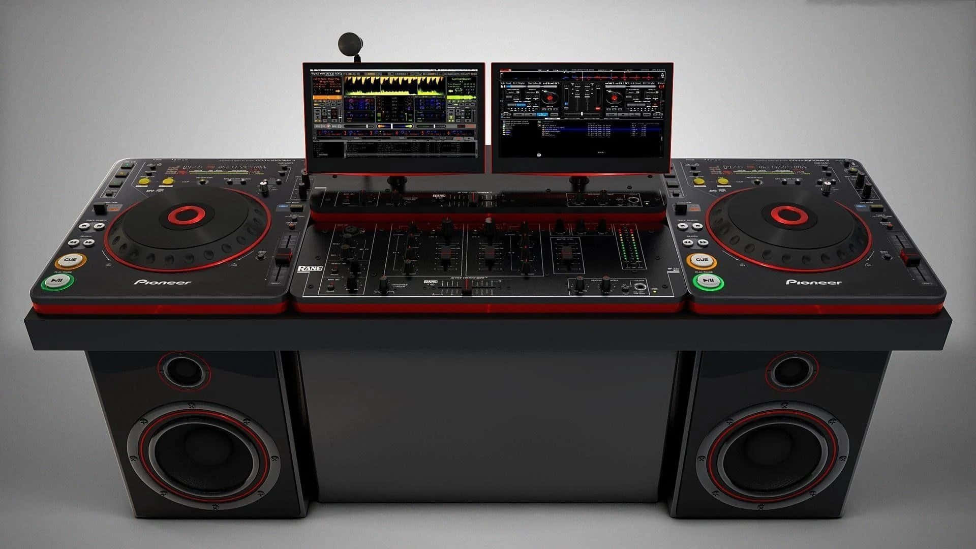 DJ音樂設置音箱圖 壁紙 — 專業DJ設備，配備兩台Pioneer唱盤、兩個顯示器和揚聲器，放置在時尚的黑色桌子上，背景為中性灰色。