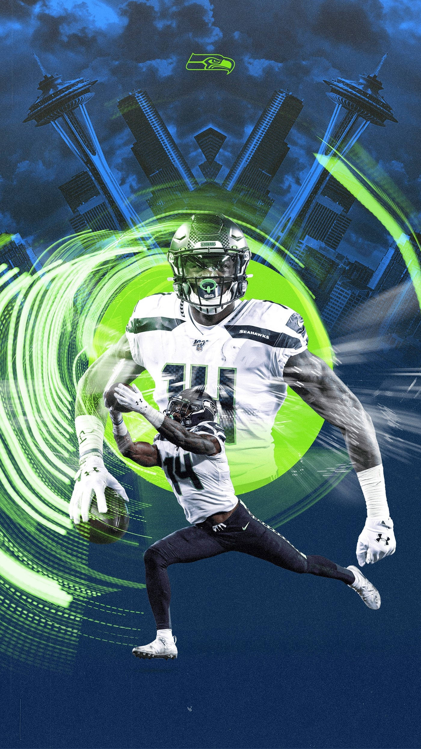 DK Metcalf 足球編輯 壁紙 — 一名西雅圖海鷹隊美式足球員在行動中，身後是城市天際線背景，伴隨著發光的綠色能量漩渦。