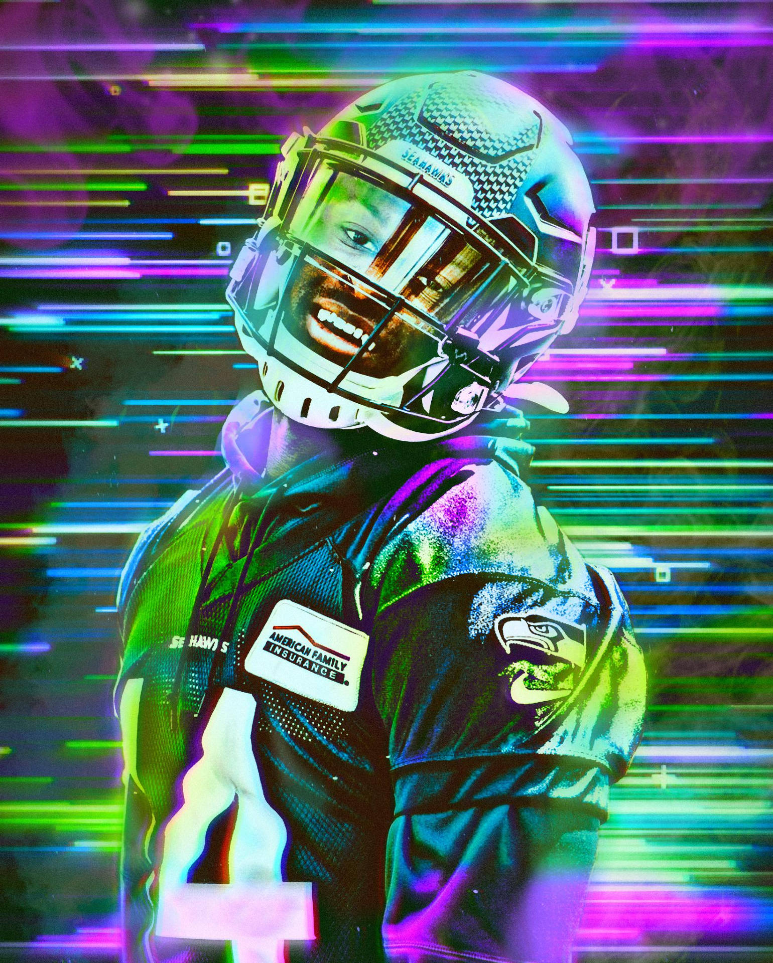 穿著Seahawks裝備的美式足球員微笑，身後有霓虹故障效果。