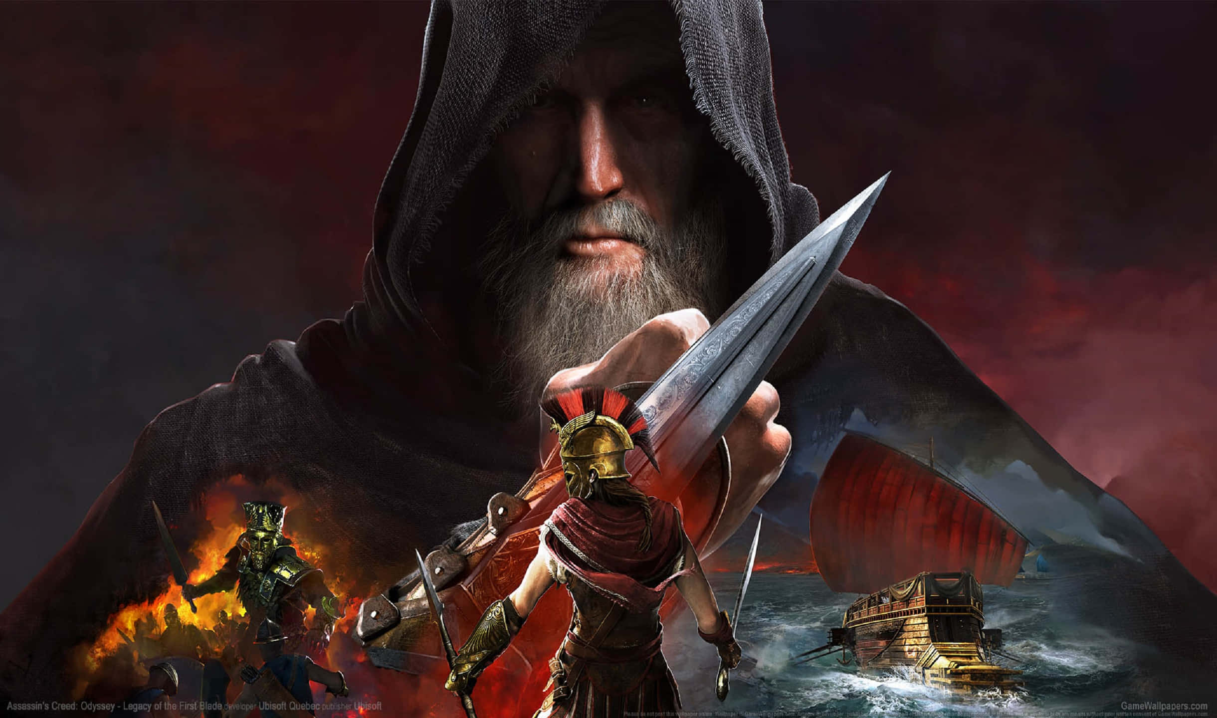 刺客信條：奧德賽 背景圖 - 第一劍遺產 DLC 封面 壁紙 — 一個戴著兜帽的戰士手持利刃，在火紅的天空下，籠罩著一場有士兵和船隻在暴風雨海上的戰鬥場景。