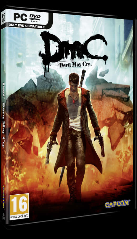 DmC 鬥陣魔神 PC 遊戲封面 壁紙 — 一個肌肉發達的男人穿著紅色外套，在火熱的城市背景下揮舞槍支和劍，建築物正在倒塌。