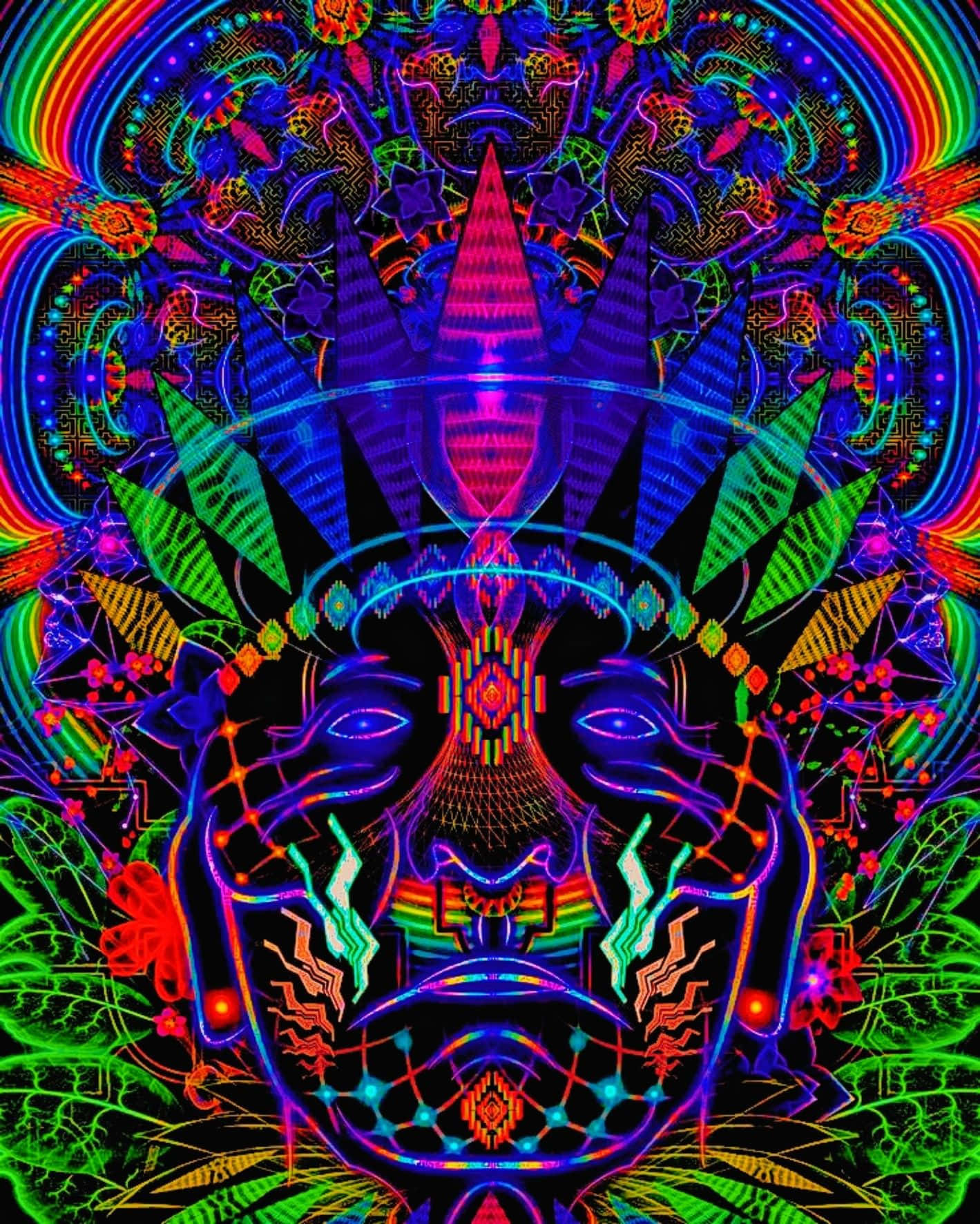 帶有發光幾何圖案和彩虹色調的霓虹部落面孔。