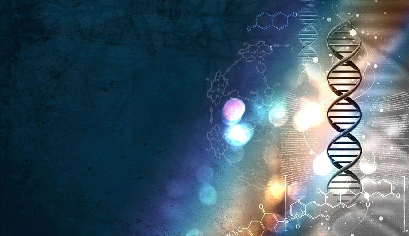 在帶有紋理的藍色背景上，發光的DNA螺旋和分子圖表。