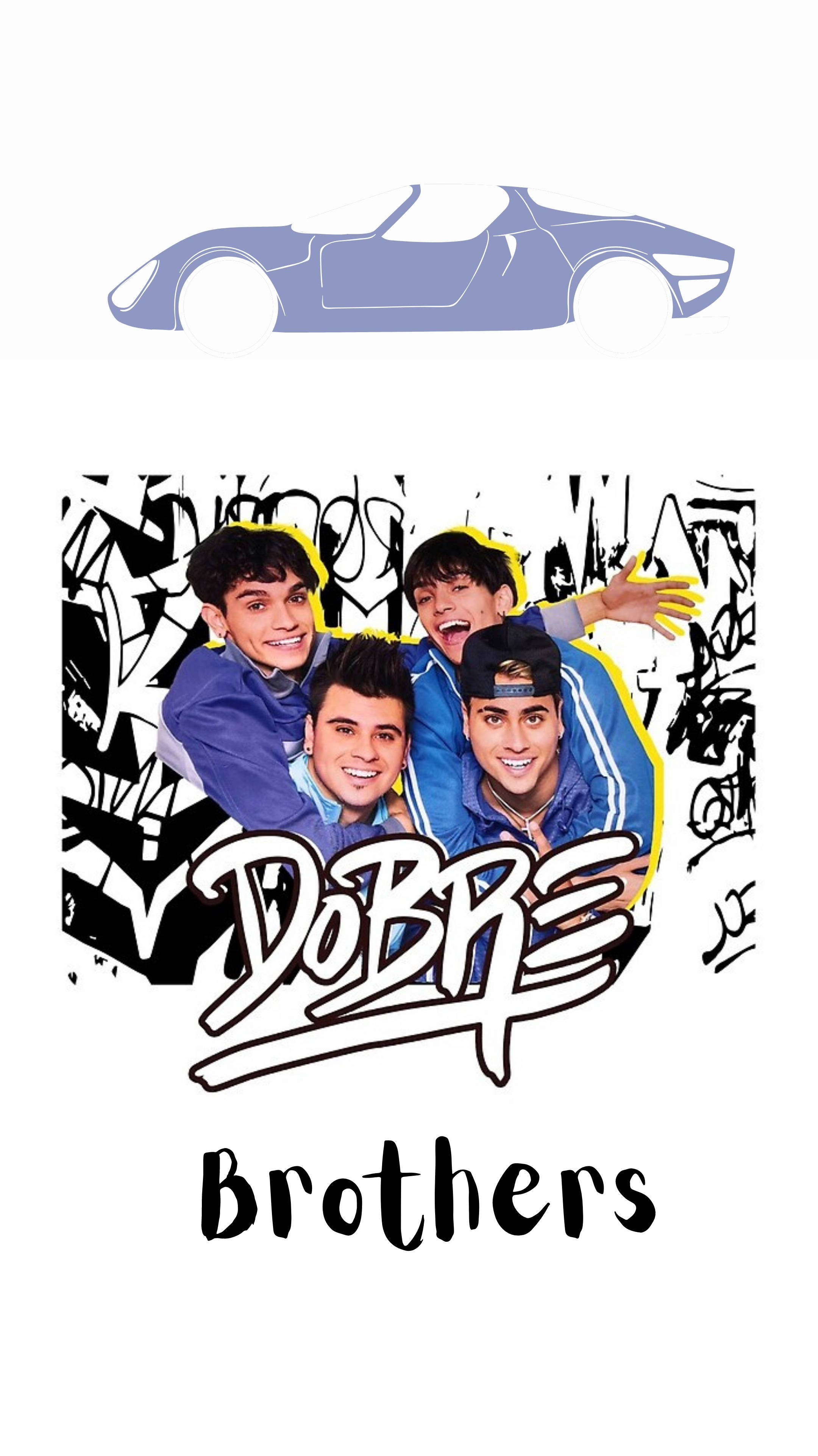 Dobre Brothers 抽象藝術 壁紙 — 三位身穿藍色外套的 smiling 年輕男子在塗鴉背景前擺姿勢，上方有紫色跑車剪影。
