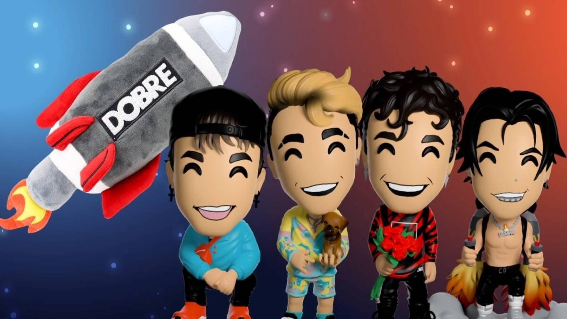 Dobre Brothers 數位藝術 壁紙 — 四個微笑的Q版角色站在宇宙漸變背景前，一架標有DOBRE的火箭從他們頭頂呼嘯而過。