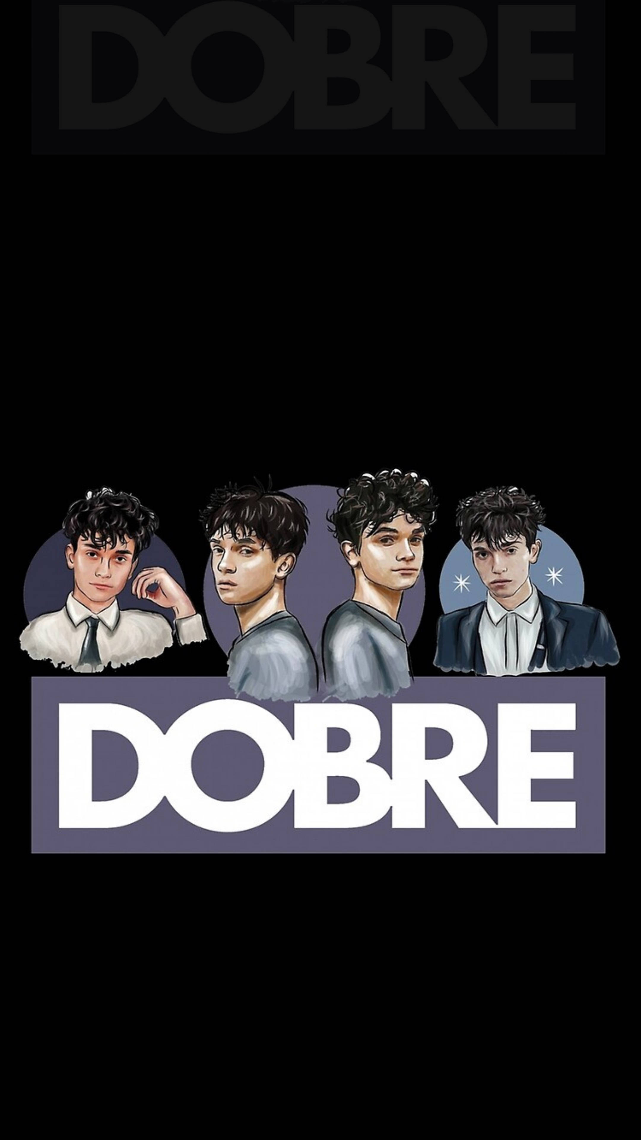 Dobre Brothers 黑色圖案 壁紙 — 四位身穿西裝的插圖年輕男性在黑色背景前擺姿勢，並以粗體白色文字顯示「DOBRE」一詞。