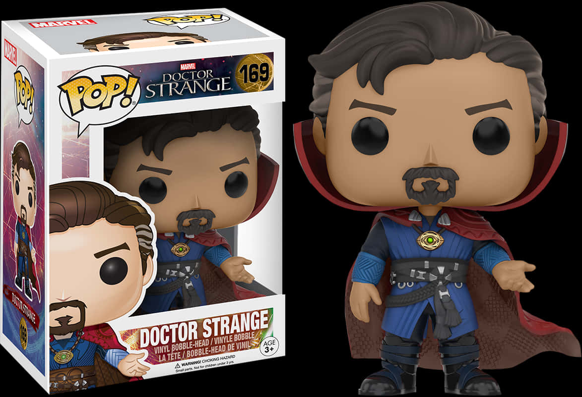 Doctor Strange Funko Pop 玩偶 壁紙 — 身穿藍色長袍和紅色斗篷的奇異博士 Funko Pop! 乙烯基人偶站在其色彩繽紛的收藏盒旁邊。