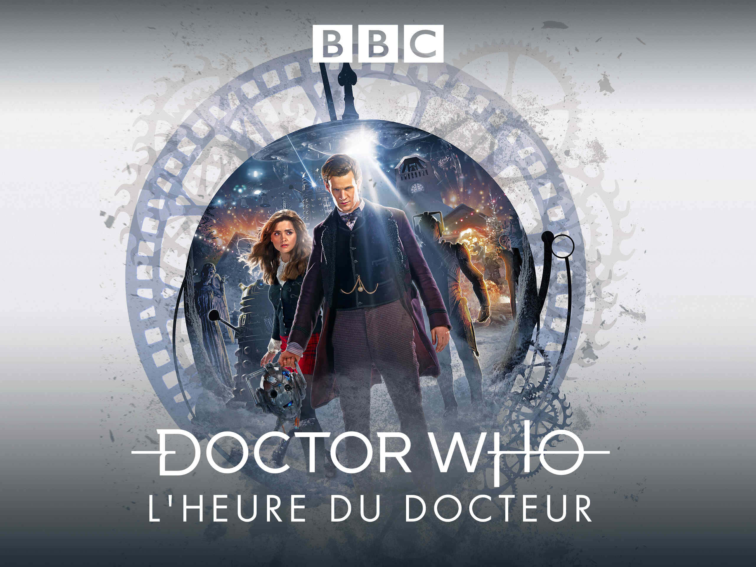 Doctor Who HD 桌布 壁紙 — 神秘博士與同伴站在一個充滿外星世界和機械齒輪的發光時間漩渦前。