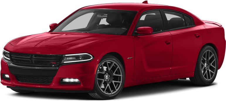 紅色 Dodge Charger SXT 側面視圖 壁紙 — 一輛光澤的紅色Dodge Charger轎車，帶有黑色飾件和銀色輪圈，在黑色背景下的攝影棚燈光中展示。