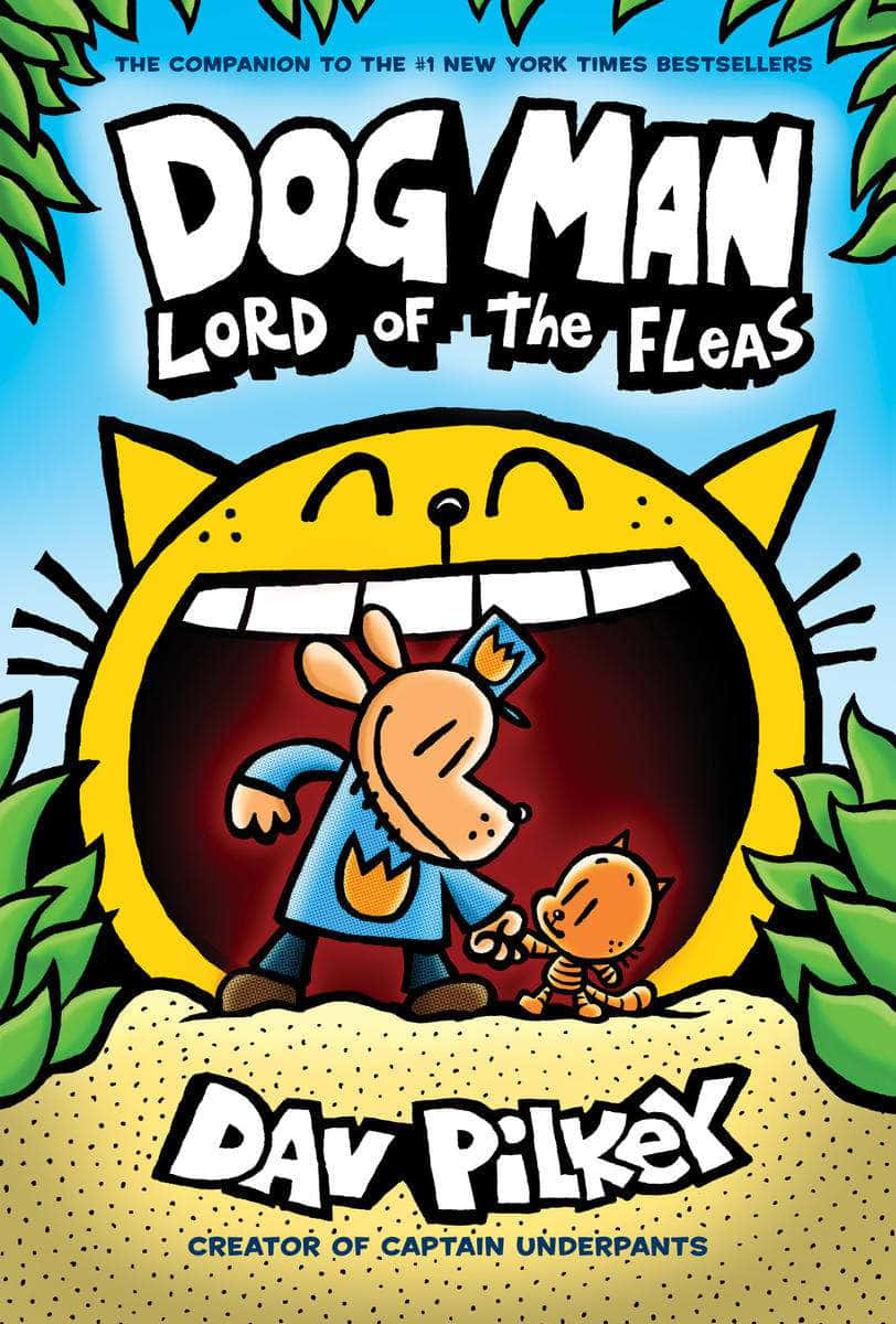 《Dog Man Lord of the Fleas》封面， featuring 一隻卡通狗和貓在巨型貓的嘴裡。