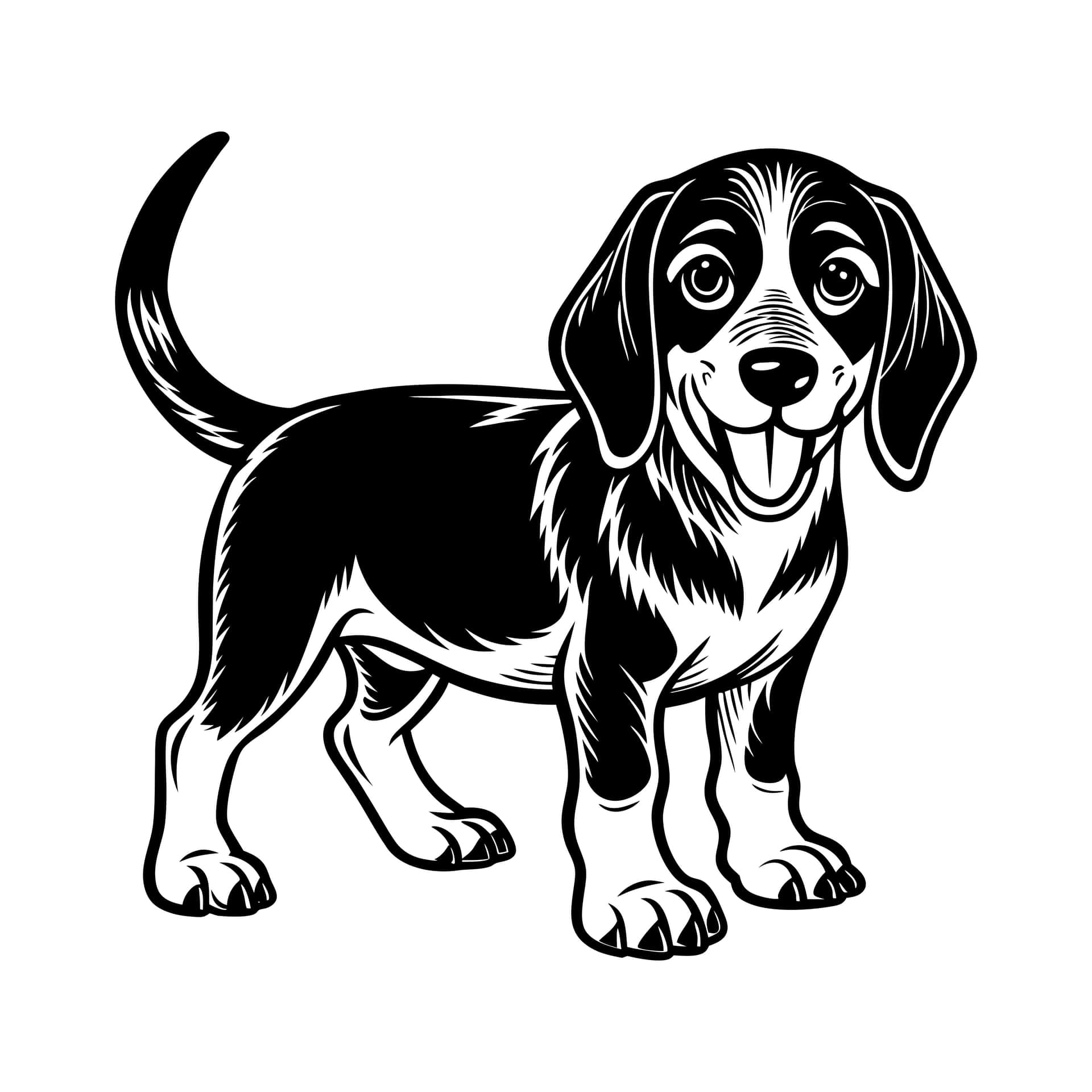 一隻黑白卡通比格犬站著，帶著快樂的笑容和垂耳。