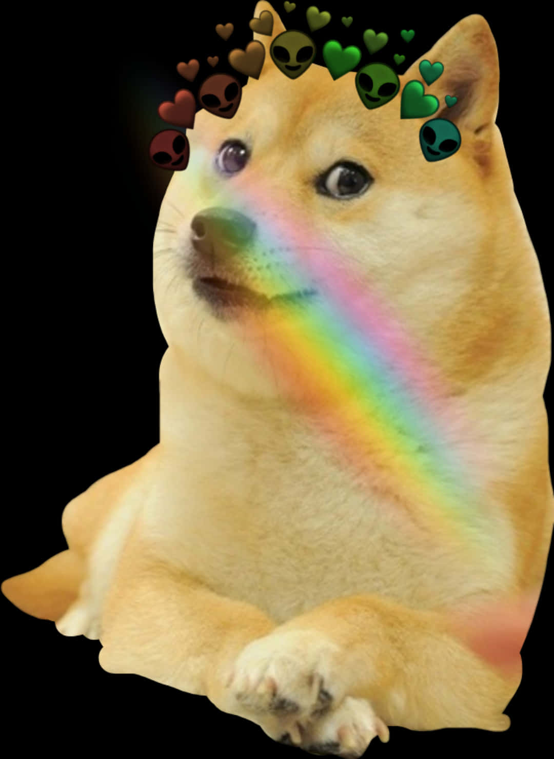 彩虹Doge迷因 壁紙 — 一隻柴犬從口中射出彩虹光束，頭頂上漂浮著外星人頭顱和愛心。