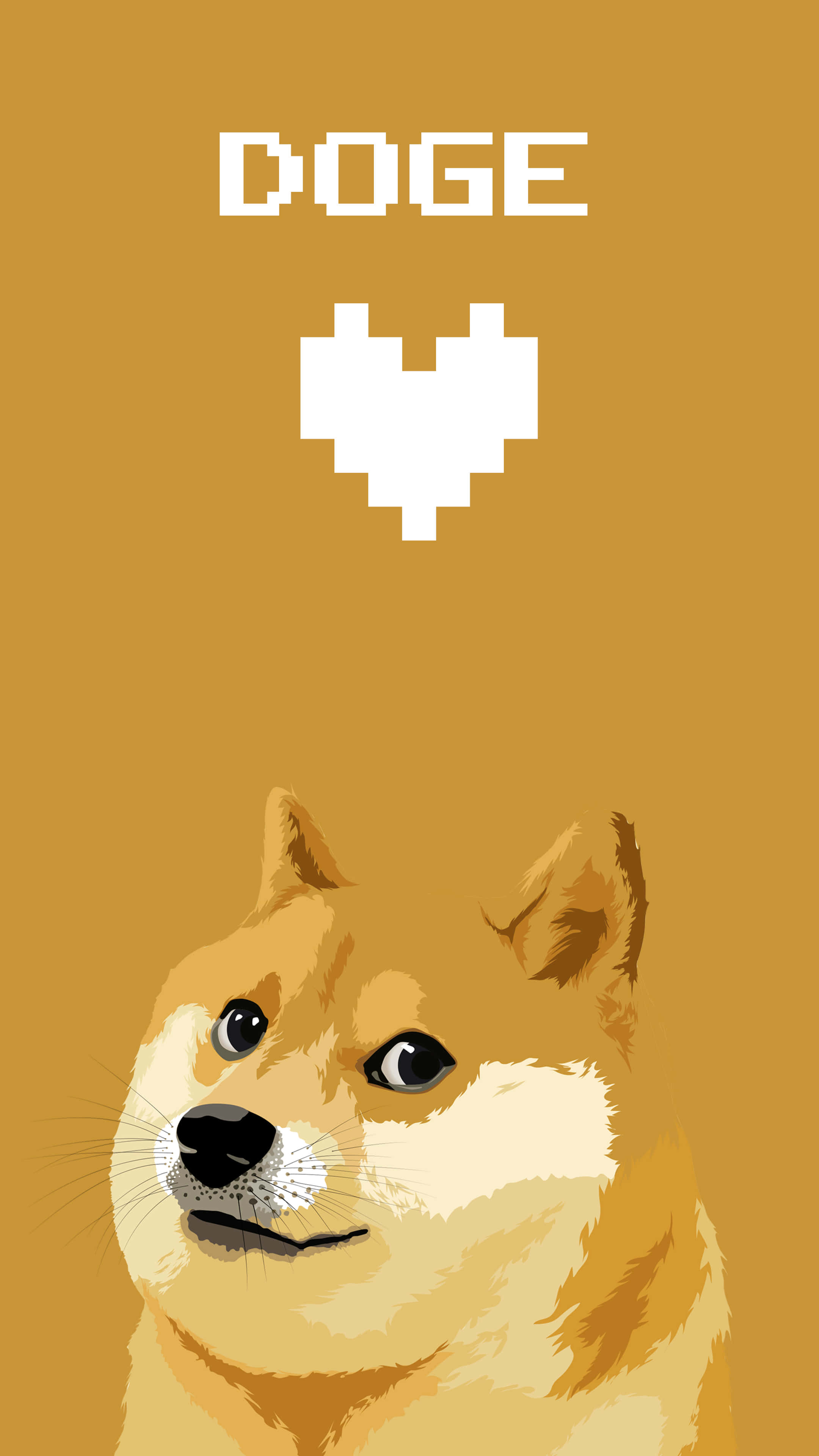 Doge 像素肖像 壁紙 — 一個像素心形漂浮在柴犬頭頂上方，背景為純芥末色，帶有 'DOGE' 文字。