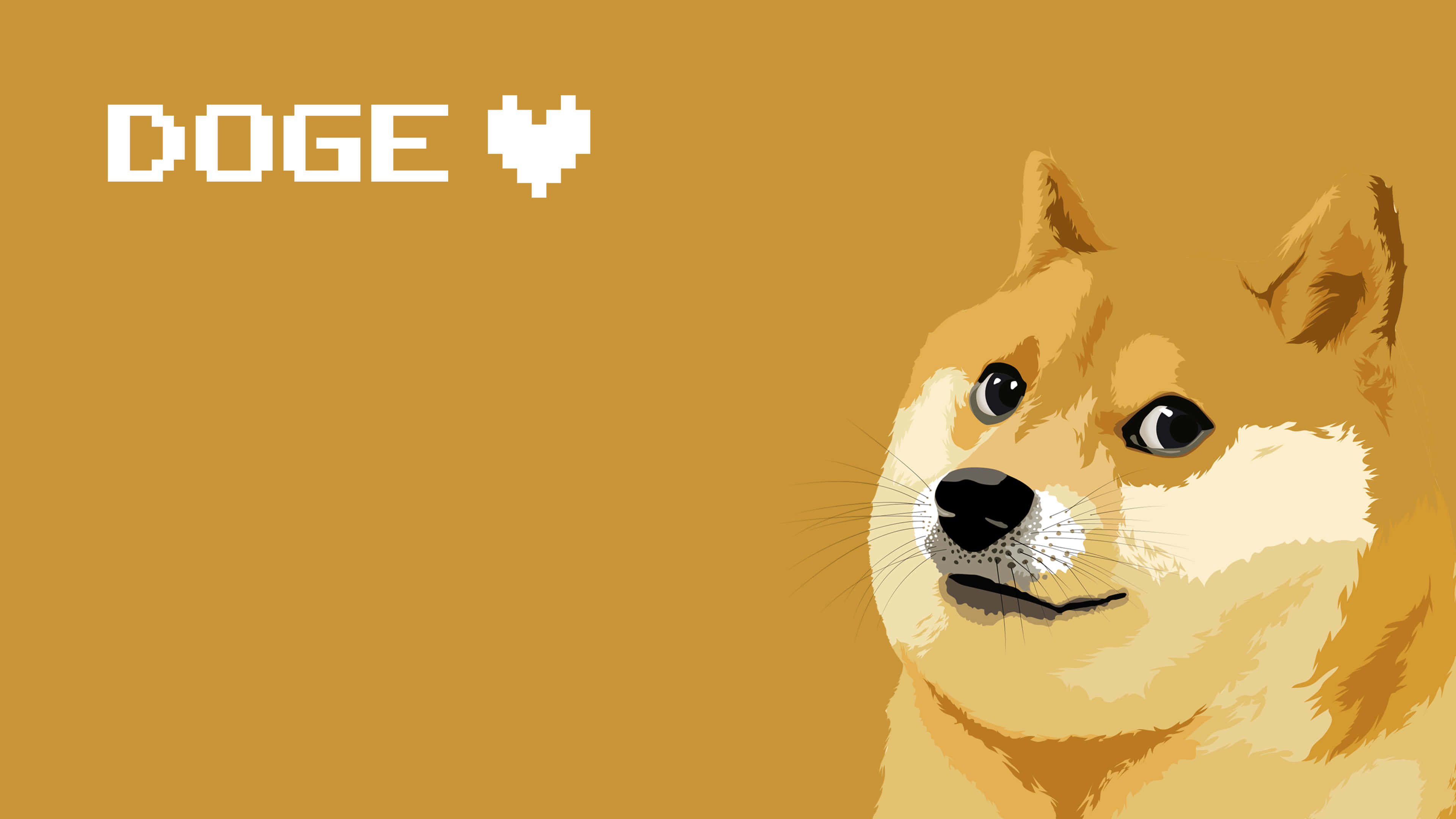 Doge 心形圖案 壁紙 — 一個像素心形和'DOGE'文字漂浮在柴犬的臉上，背景為純芥末色。