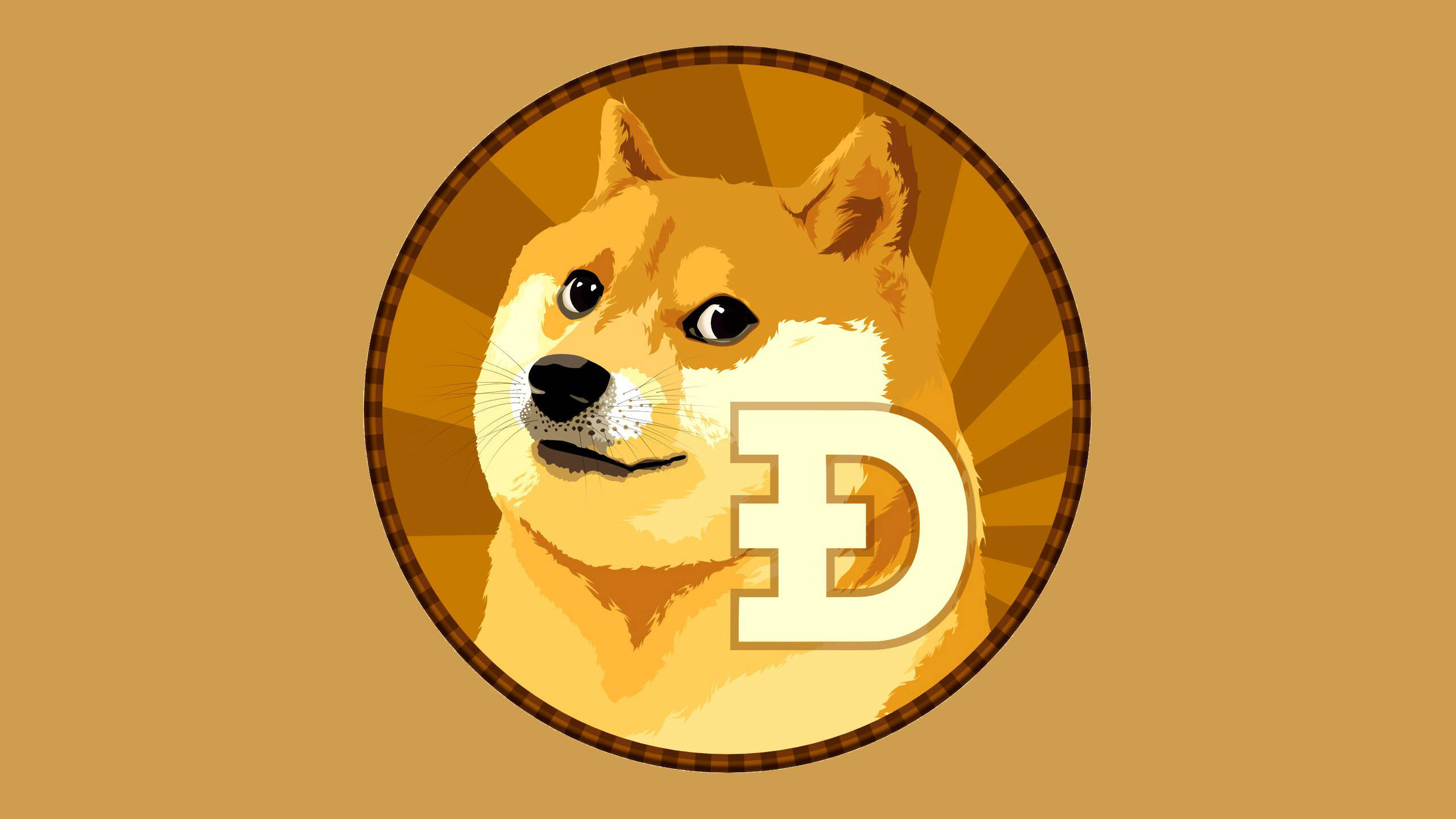 Dogecoin柴犬模因 壁紙 — 一個風格化的柴犬臉，在圓形硬幣設計內帶有 'D' 符號，背景為溫暖的棕色。