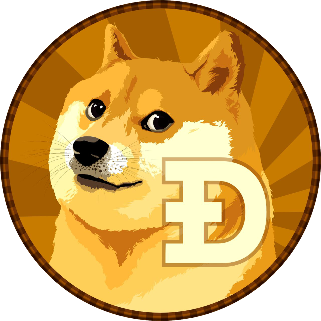 Dogecoin加密貨幣吉祥物 壁紙 — 一枚金幣上風格化的柴犬臉，上面疊加了一個大D符號。