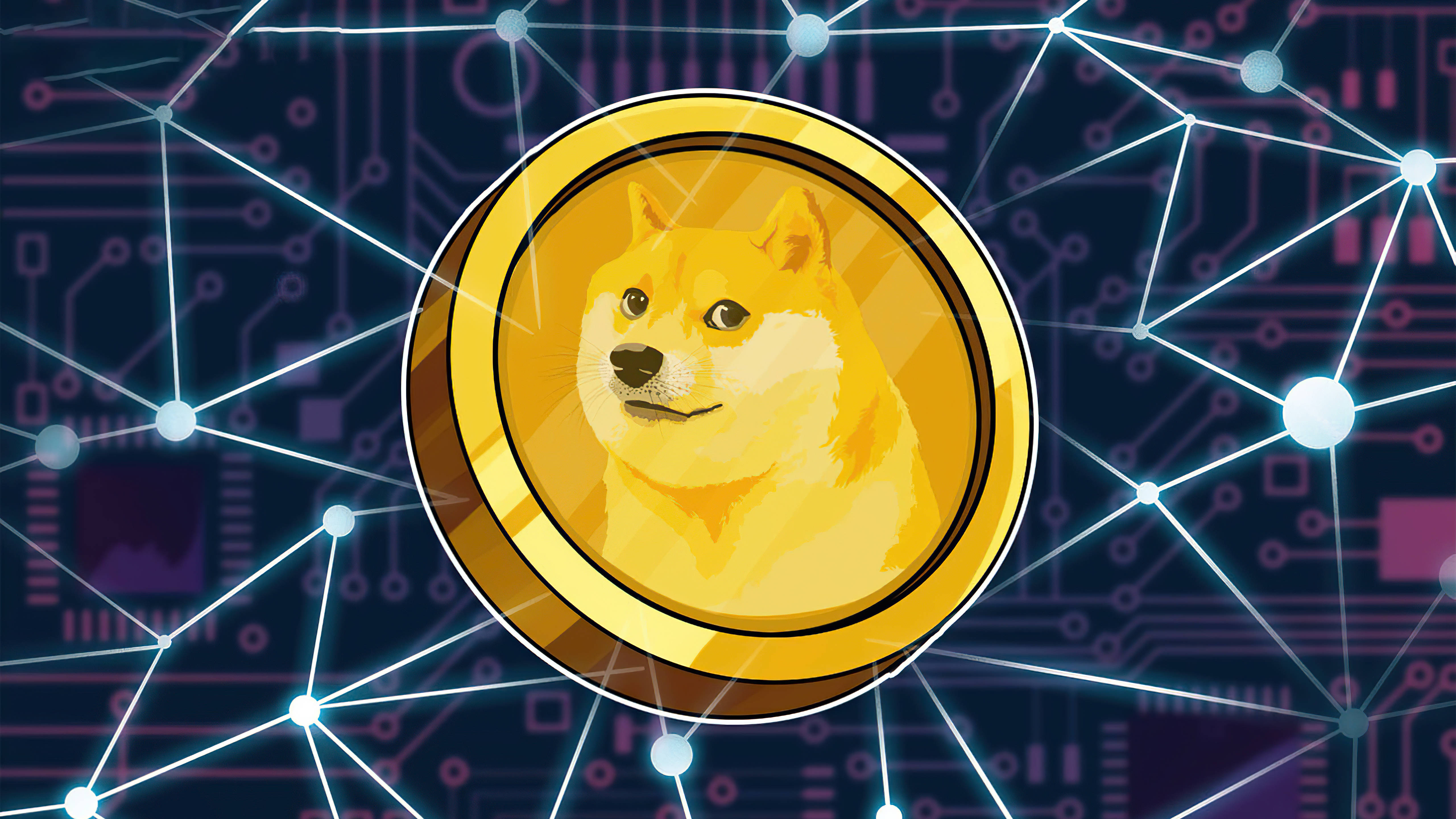Dogecoin數位藝術 壁紙 — 一枚金色Dogecoin，中央有一隻柴犬，位於發光的數碼電路板上，帶有互連節點。