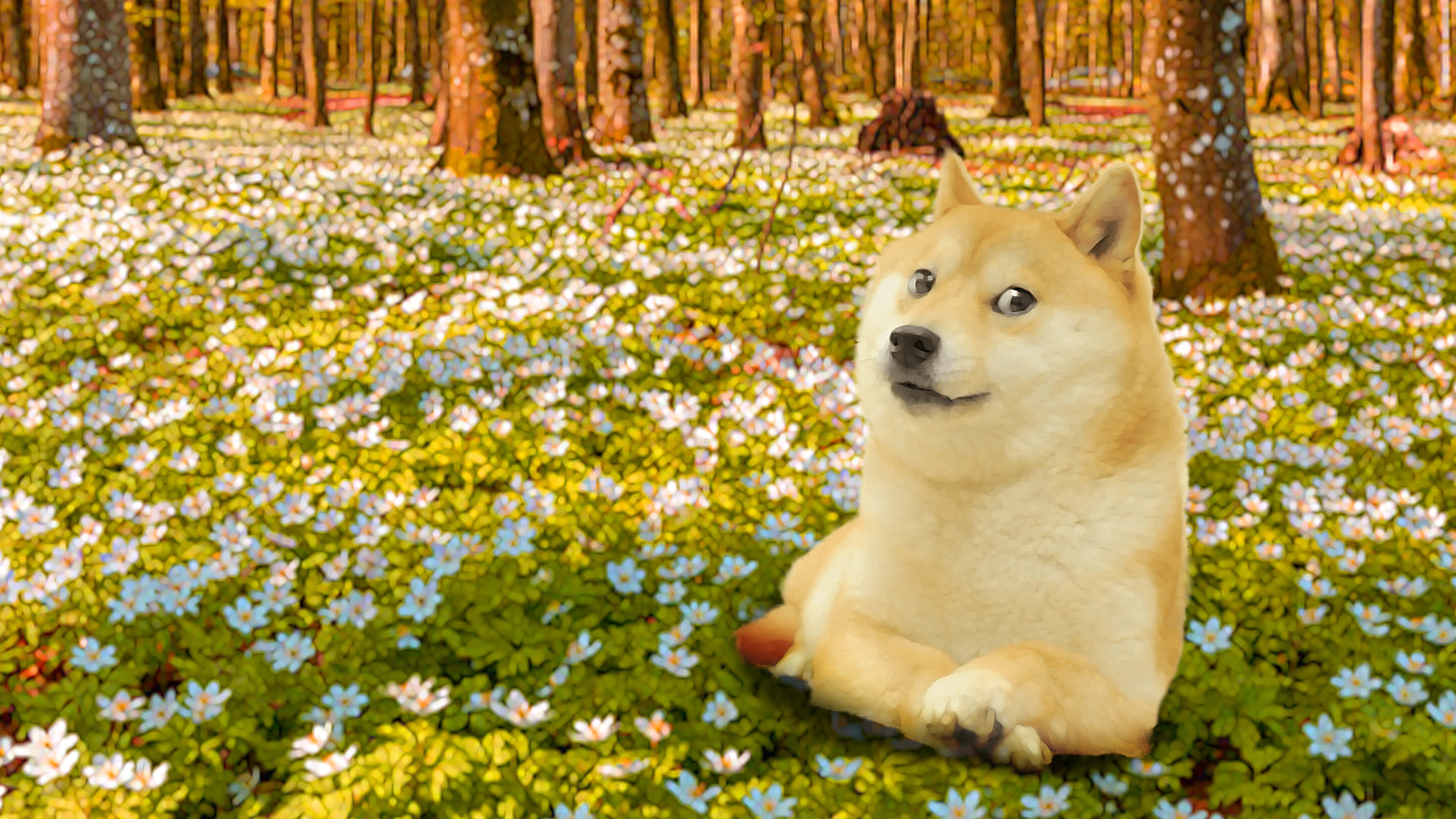 Doge置身花田 壁紙 — 一隻柴犬安靜地坐在陽光普照的森林地面上，地面覆蓋著白色和藍色的花朵。