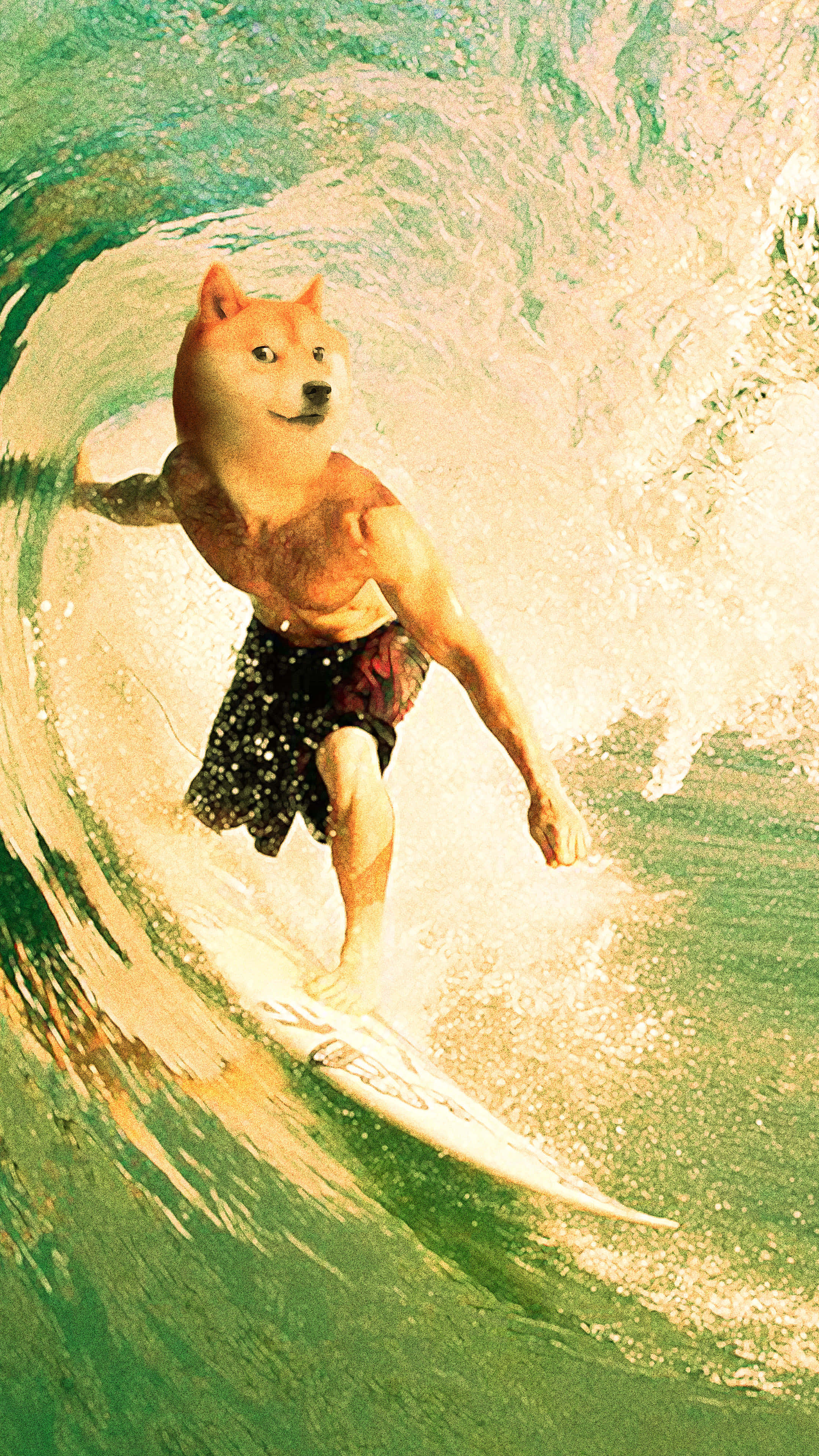 Doge衝浪者 壁紙 — 一隻擁有人的身體的柴犬，在動態運動和陽光照射的水花中衝浪綠色波浪。
