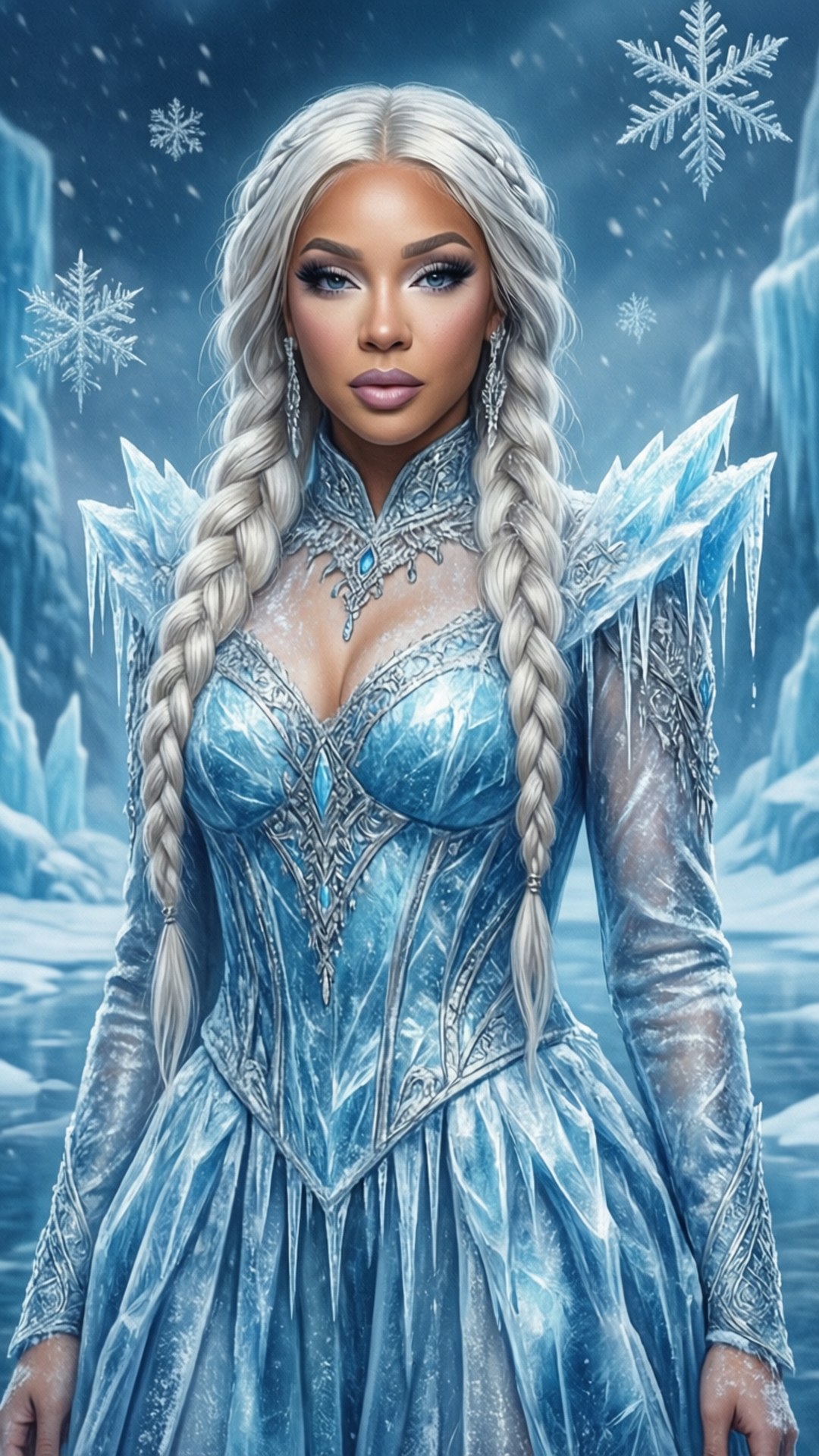 冰雪女王Doja Cat 壁紙 — 一位威嚴的冰雪女王，銀色辮子頭髮，身穿水晶藍長袍，站在雪崖和飄浮的雪花之間。