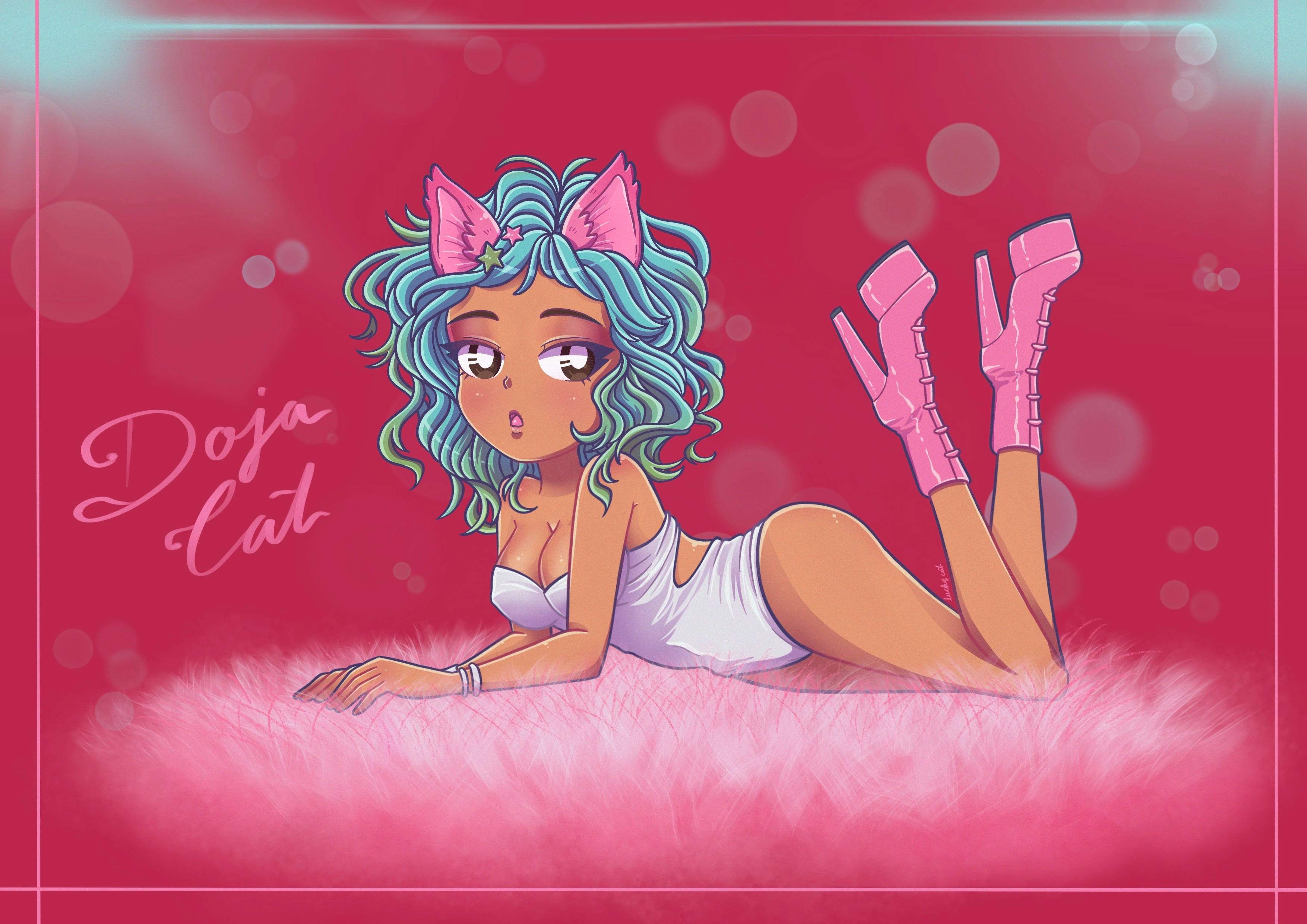 Doja Cat 可愛數位藝術 壁紙 — 一個風格化的動漫女孩，擁有青色頭髮和粉紅色貓耳，在鮮紅色背景前懶洋洋地躺在毛絨絨的粉紅色地毯上。
