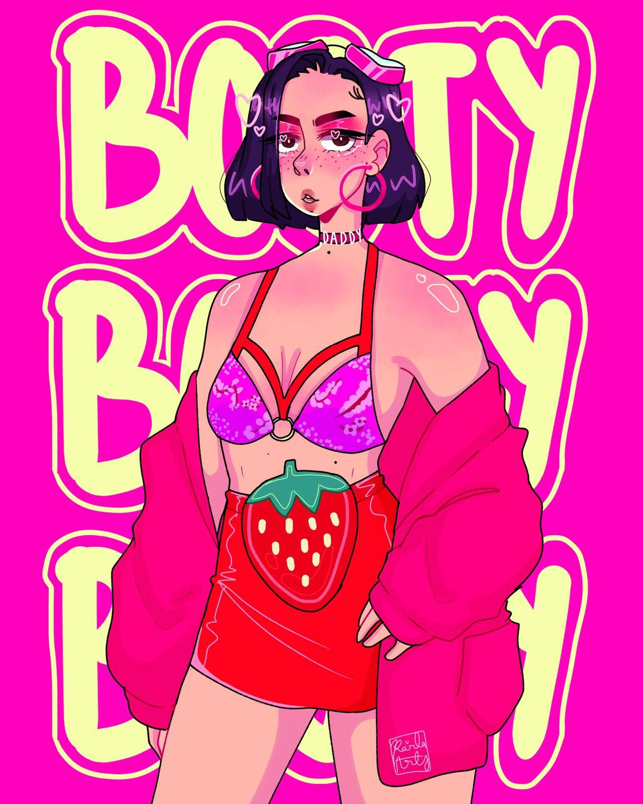 Doja Cat 女神風情 壁紙 — 一個風格化的動漫女孩穿著草莓主題服裝，自信地站在充滿活力的粉紅色背景前，配有粗體黃色文字。