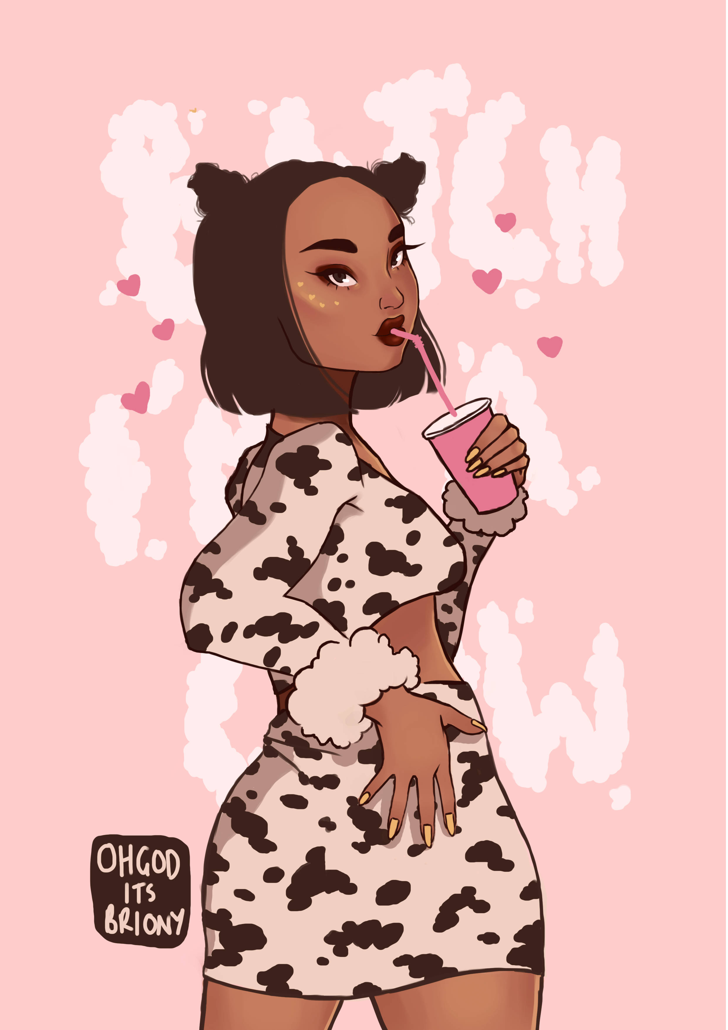 Doja Cat 牛仔數位藝術 壁紙 — 一位時尚女性穿著乳牛印花連衣裙，在柔和的粉紅色背景上啜飲粉紅色飲品，背景有心形和文字。