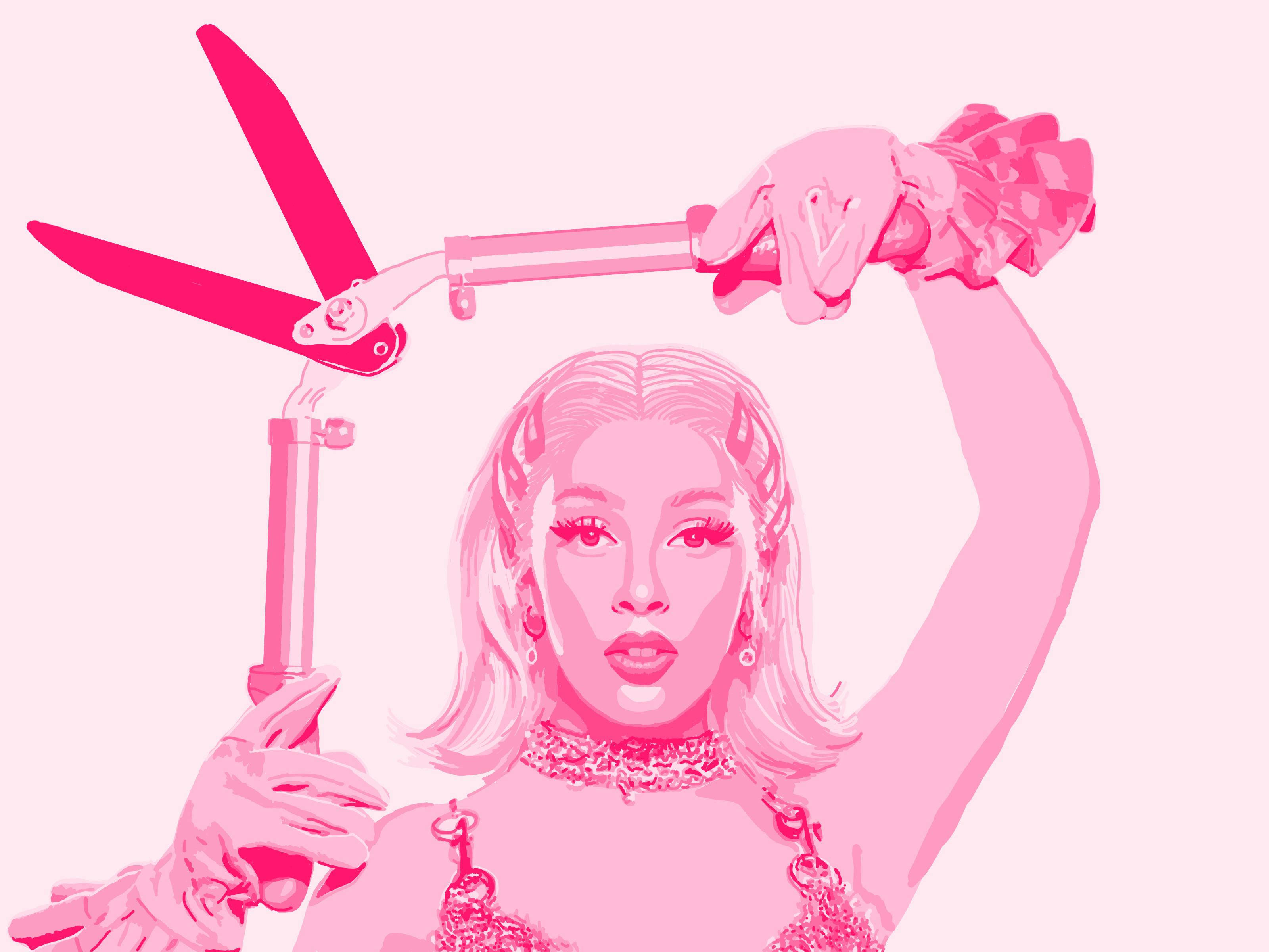 Doja Cat 粉色剪草剪刀藝術 壁紙 — 一個風格化的粉紅色插圖，描繪一位女性手持巨型剪刀高舉過頭，搭配戲劇化妝容和荷葉邊手套。