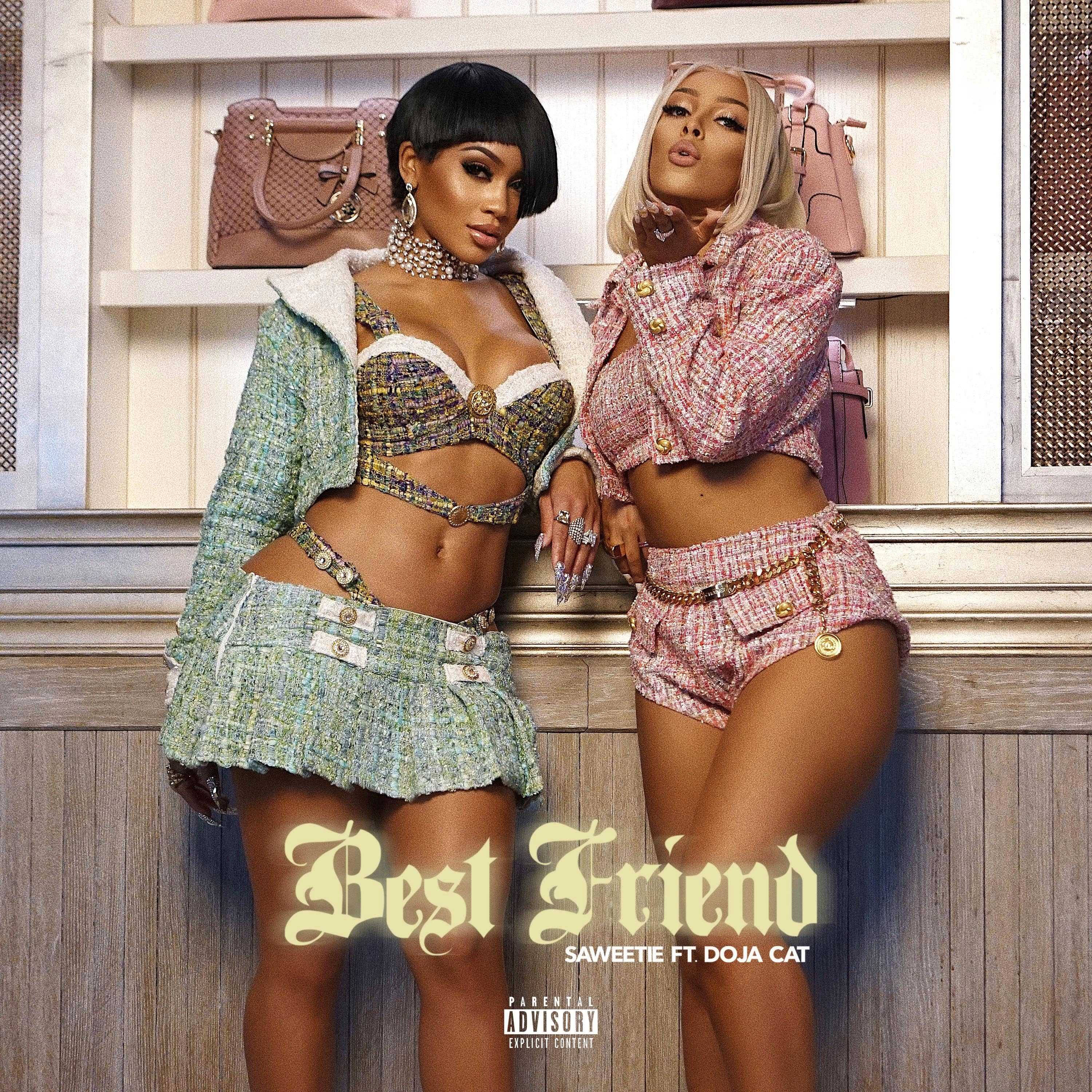 Doja Cat 與 Saweetie 壁紙 — 兩位時尚女性穿著別緻的粗花呢服裝，自信地靠在木牆上，架子上放著粉紅色手提包。