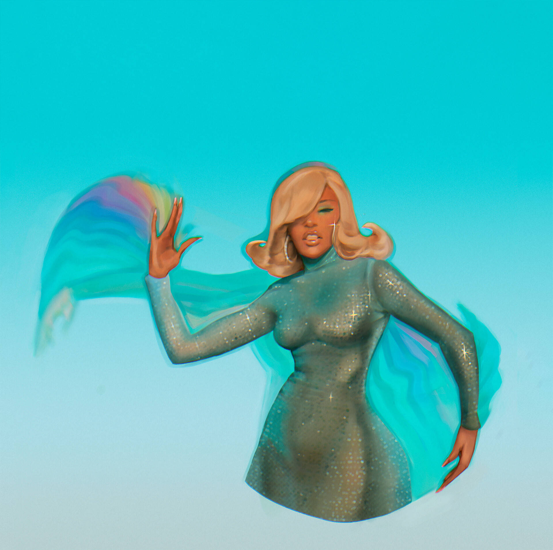 Doja Cat 藍色芭比藝術 壁紙 — 一位迷人女性身穿閃亮青綠色連衣裙，搭配流動的彩虹布料波浪，背景為漸變青綠色。