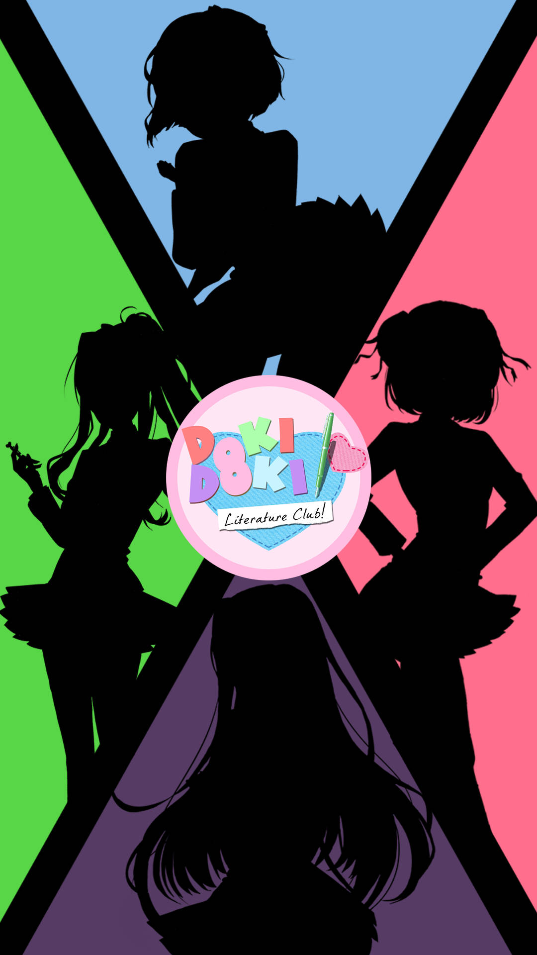 Doki Doki 文學俱樂部手機剪影 壁紙 — 四個動漫女孩的剪影站在鮮豔的綠色、藍色、粉紅色和紫色幾何背景前，中央有 Doki Doki Literature Club 標誌。