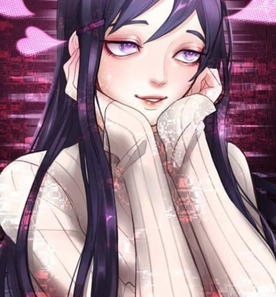 Doki Doki Literature Club 夢幻夜景 壁紙 — 一個寧靜的動漫女孩，長長的黑髮和紫色眼睛，將下巴靠在手上，背景是帶有故障效果的粉紅色數位背景。