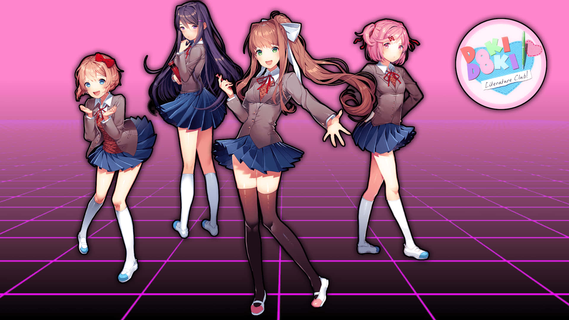 Doki Doki Literature Club 主角於迪斯可舞池 壁紙 — 四個穿著校服的動漫女孩在發光的粉紅色網格背景上愉快地擺姿勢。
