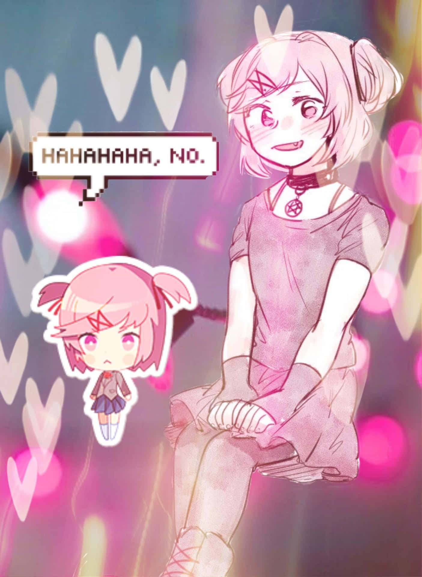 Doki Doki Literature Club 納茨基內心掙扎 壁紙 — 一位粉紅色頭髮的動漫女孩頑皮地笑著，而她的Q版自己則在心形散景背景前沮喪地看著。