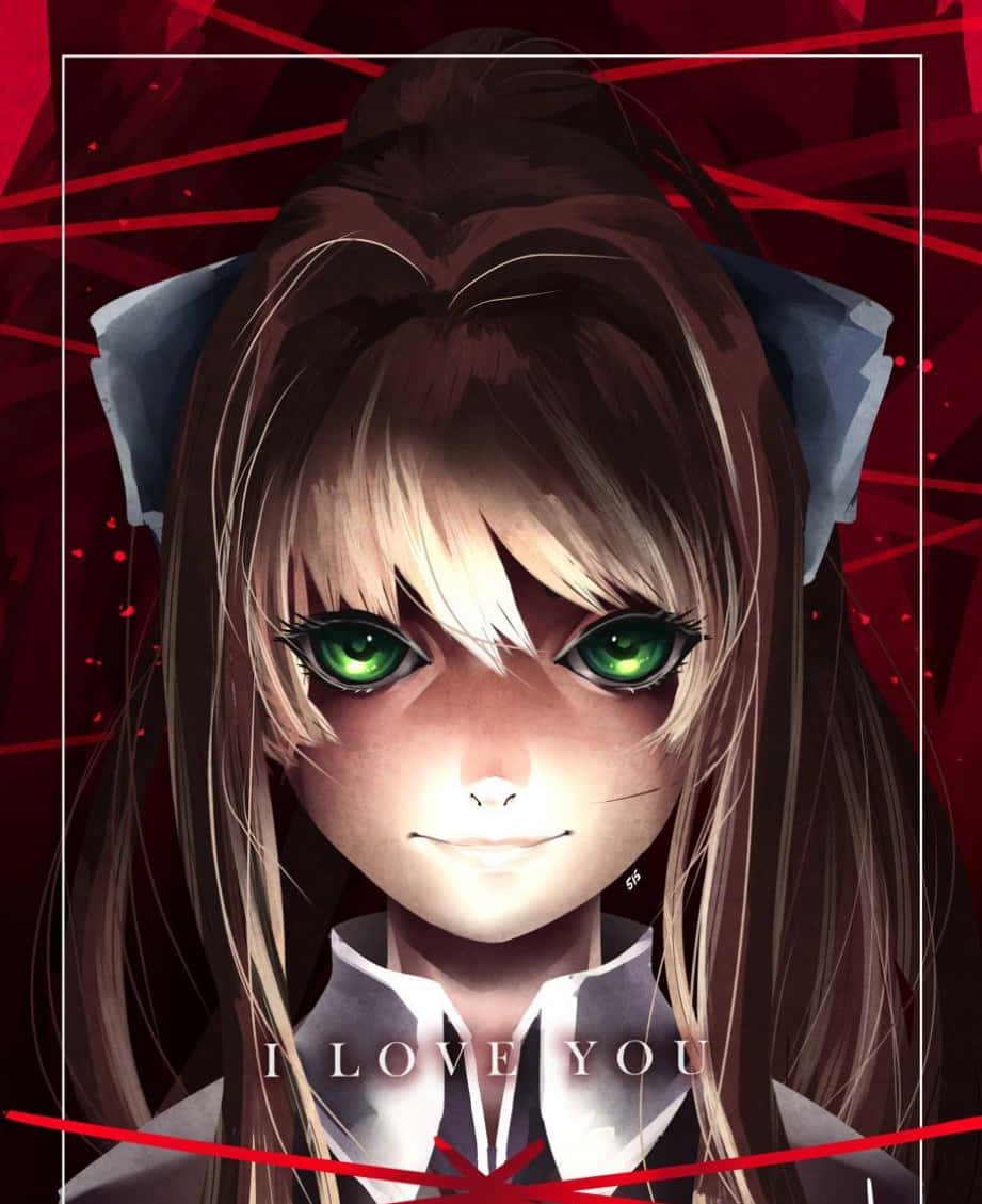 Doki Doki Literature Club 激情丹·薩爾瓦托 壁紙 — 一個近距離的動漫女孩，擁有發光的綠色眼睛和貓耳朵，在帶有文字的紅色幾何背景前溫柔地凝視。