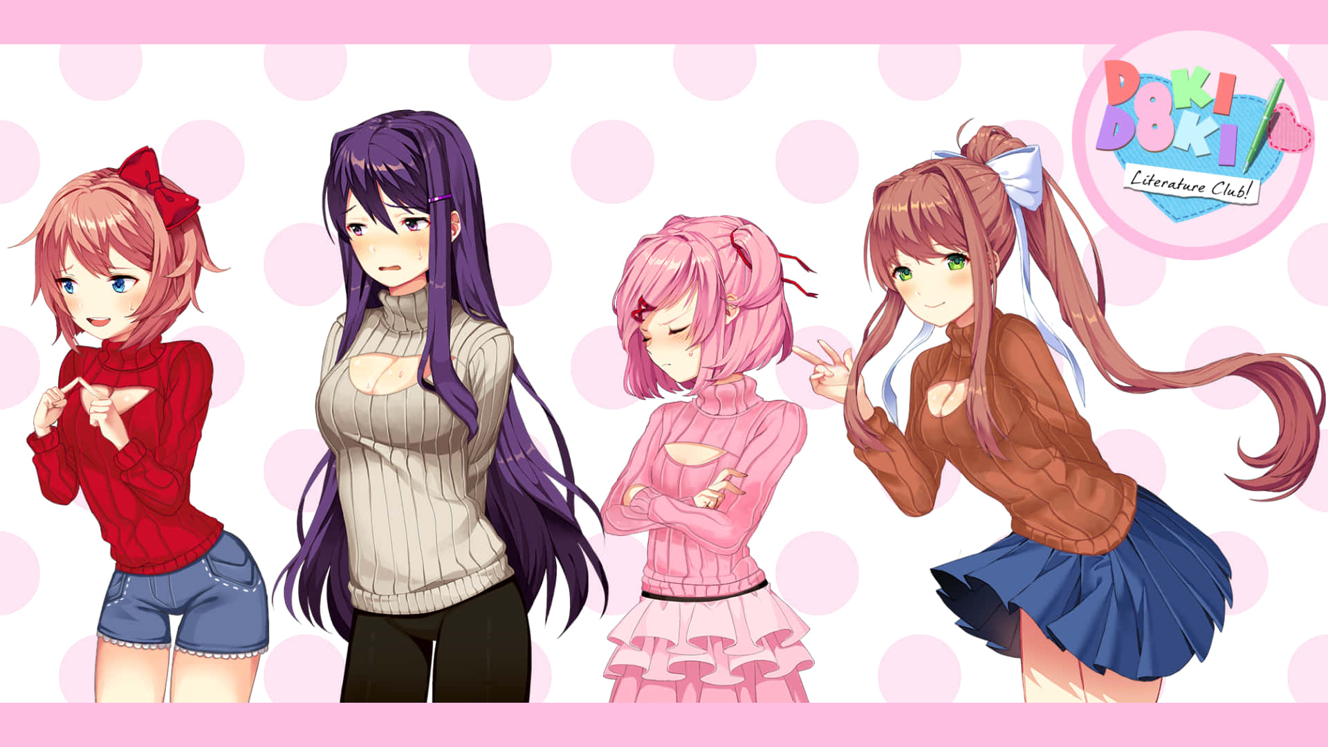 Doki Doki Literature Club 可愛動漫女孩桌面 壁紙 — 四位動漫少女穿著休閒服裝，在粉紅色圓點背景前擺姿勢，並帶有「Doki Doki Literature Club」標誌。