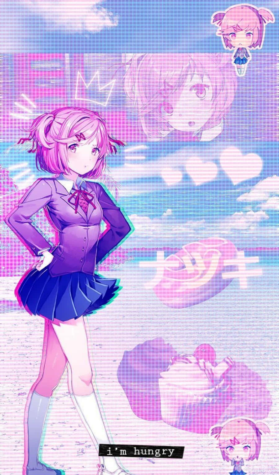 Doki Doki Literature Club 女生粉髮性感 壁紙 — 一位粉紅色頭髮的動漫女孩穿著紫色校服，自信地站在帶有故障效果的粉彩天空前，周圍漂浮著心形和文字。