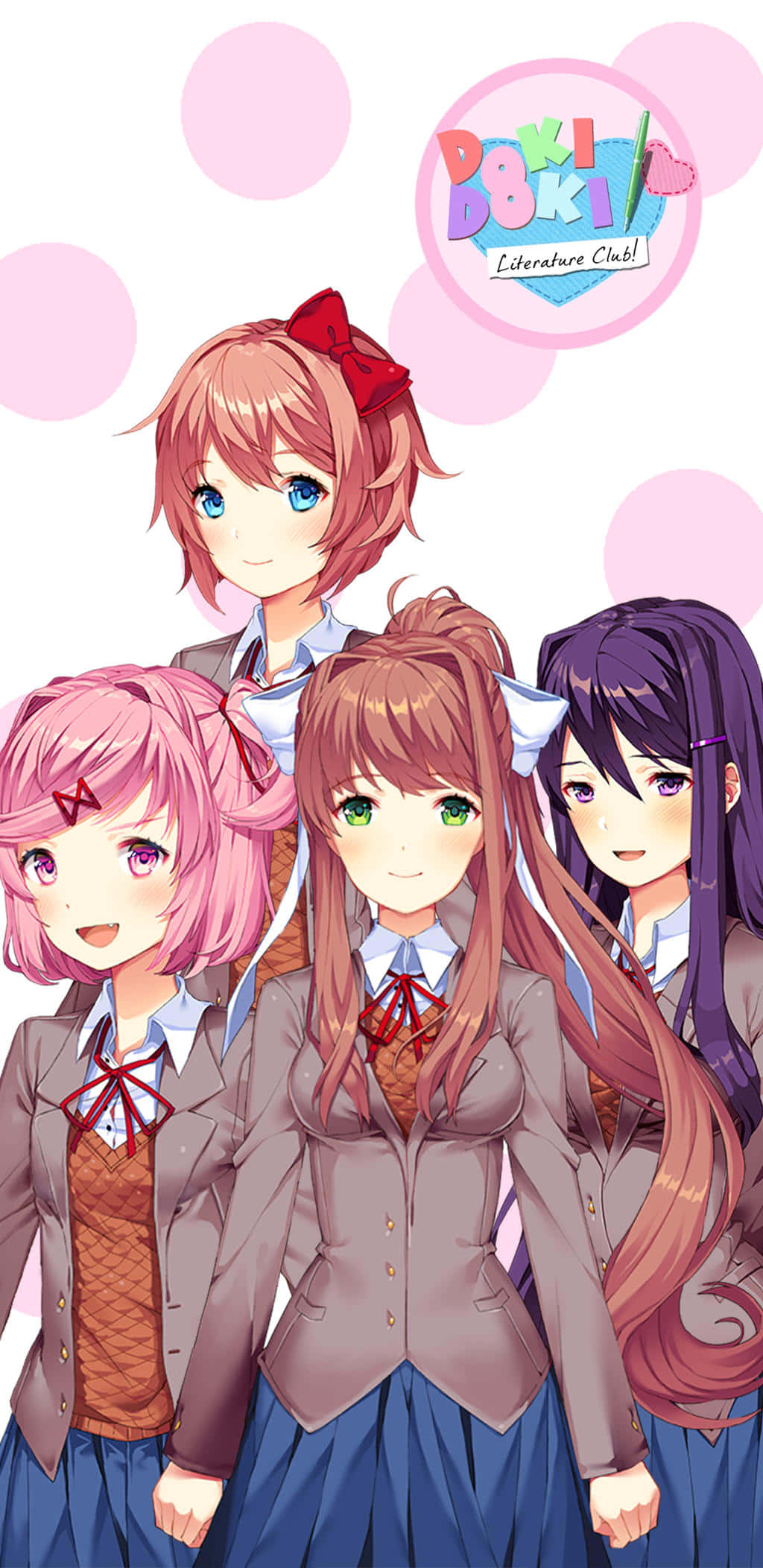 歡迎來到《Doki Doki Literature Club》！ 壁紙 — 四個穿著校服的動畫女孩在粉紅色圓點背景上微笑，並帶有 'Doki Doki Literature Club!' 標誌。