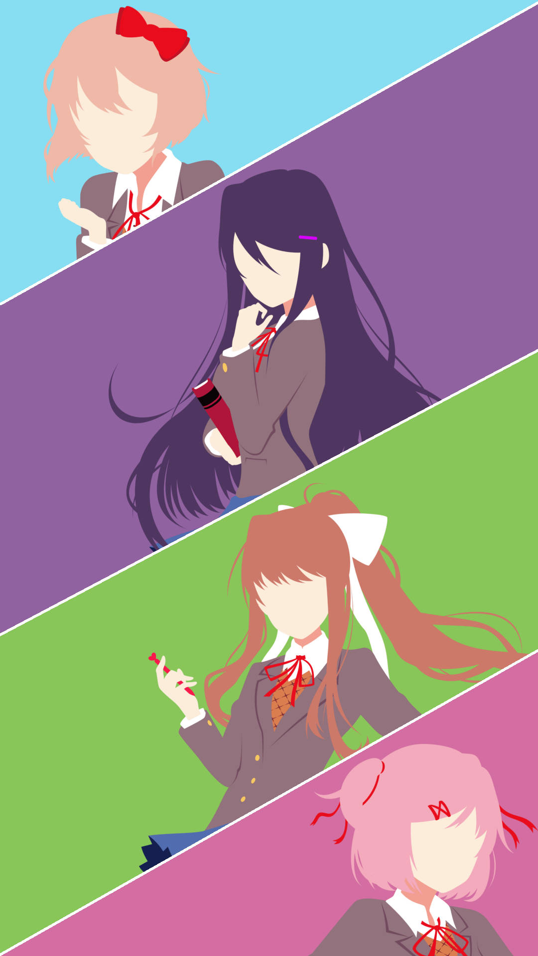 Doki Doki 文學俱樂部手機向量藝術 壁紙 — 四個穿著校服的動漫女孩出現在對角線色塊中，每個人都拿著紅色物品，背景為粉彩色。