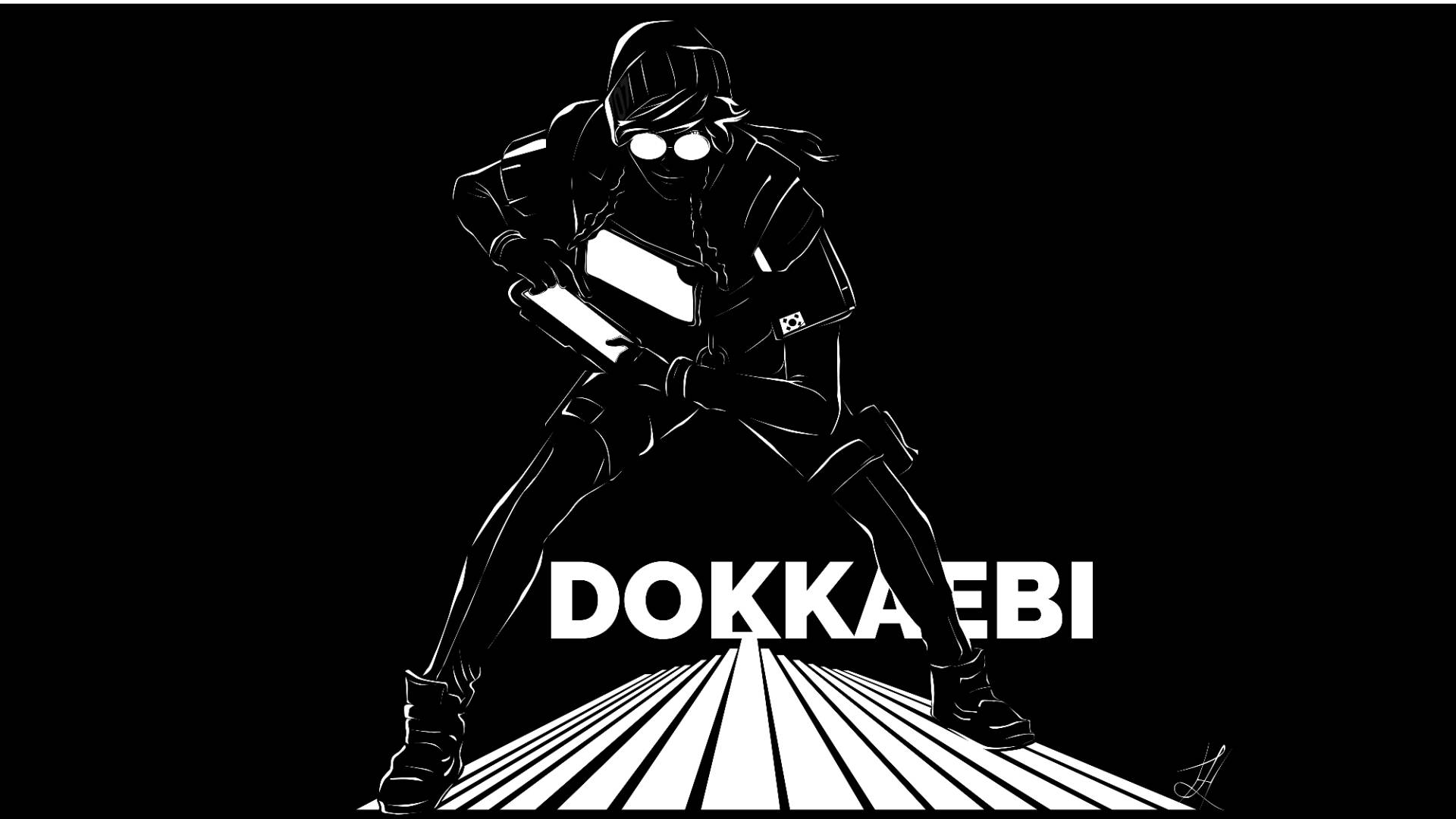 Dokkaebi《彩虹六號：圍攻》白色剪影 壁紙 — 一個風格化的黑白插圖，描繪一個戴面具的人物在條紋平台上以動態姿勢手持發光武器。