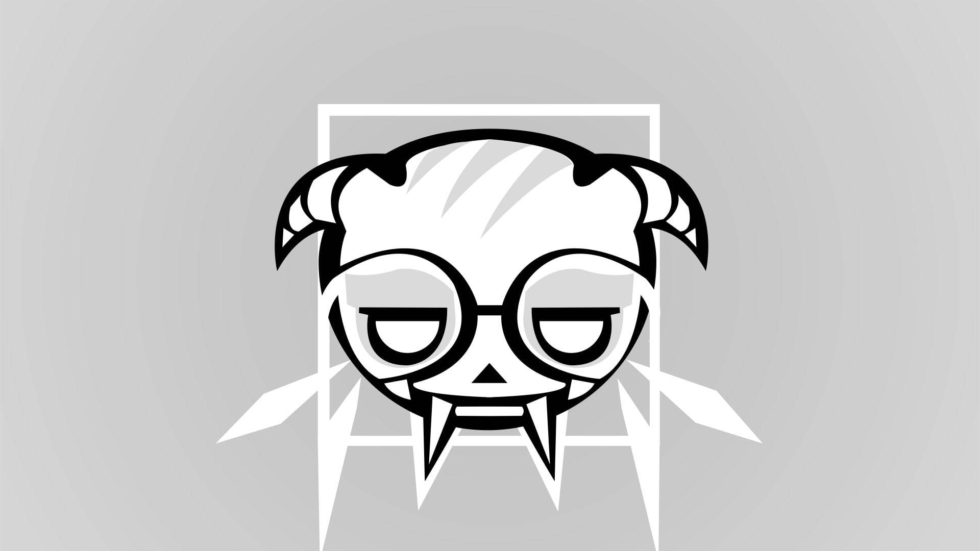 Dokkaebi《彩虹六號：圍攻》白色框圖標 壁紙 — 一個風格化的黑白卡通吸血鬼面孔，戴著眼鏡和尖牙，由幾何形狀框在灰色背景上。