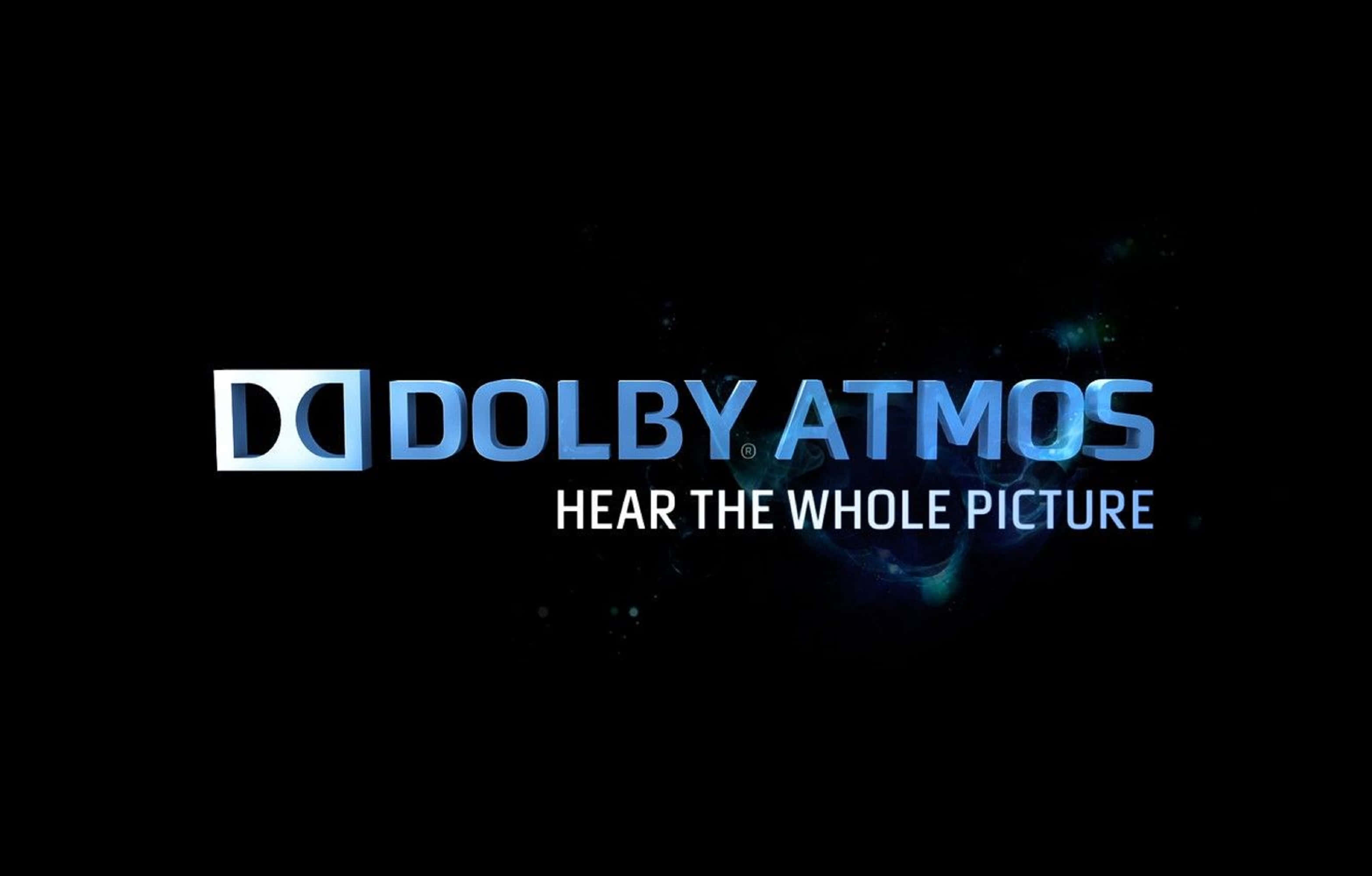 4K Dolby Vision 桌布 壁紙 — Dolby Atmos 標誌在黑暗的宇宙背景中發出電藍色光芒，並帶有漂浮的粒子。