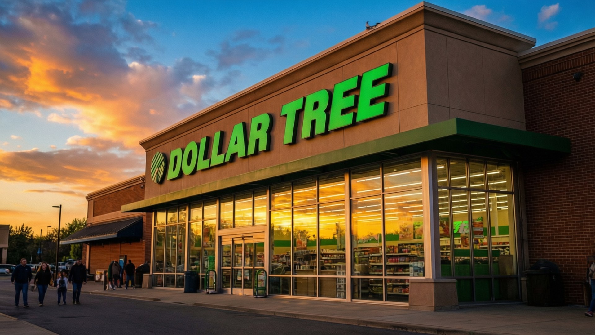 日落時分的Dollar Tree商店外觀，人們走過，透過玻璃窗可見室內燈光。