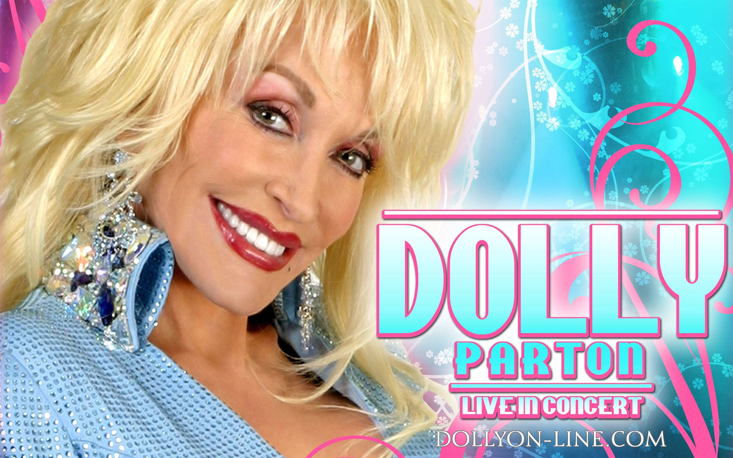 Dolly Parton 海報攝影 壁紙 — Dolly Parton 身穿閃亮藍色服裝，在充滿活力的粉紅和藍色演唱會圖形背景前燦爛微笑。