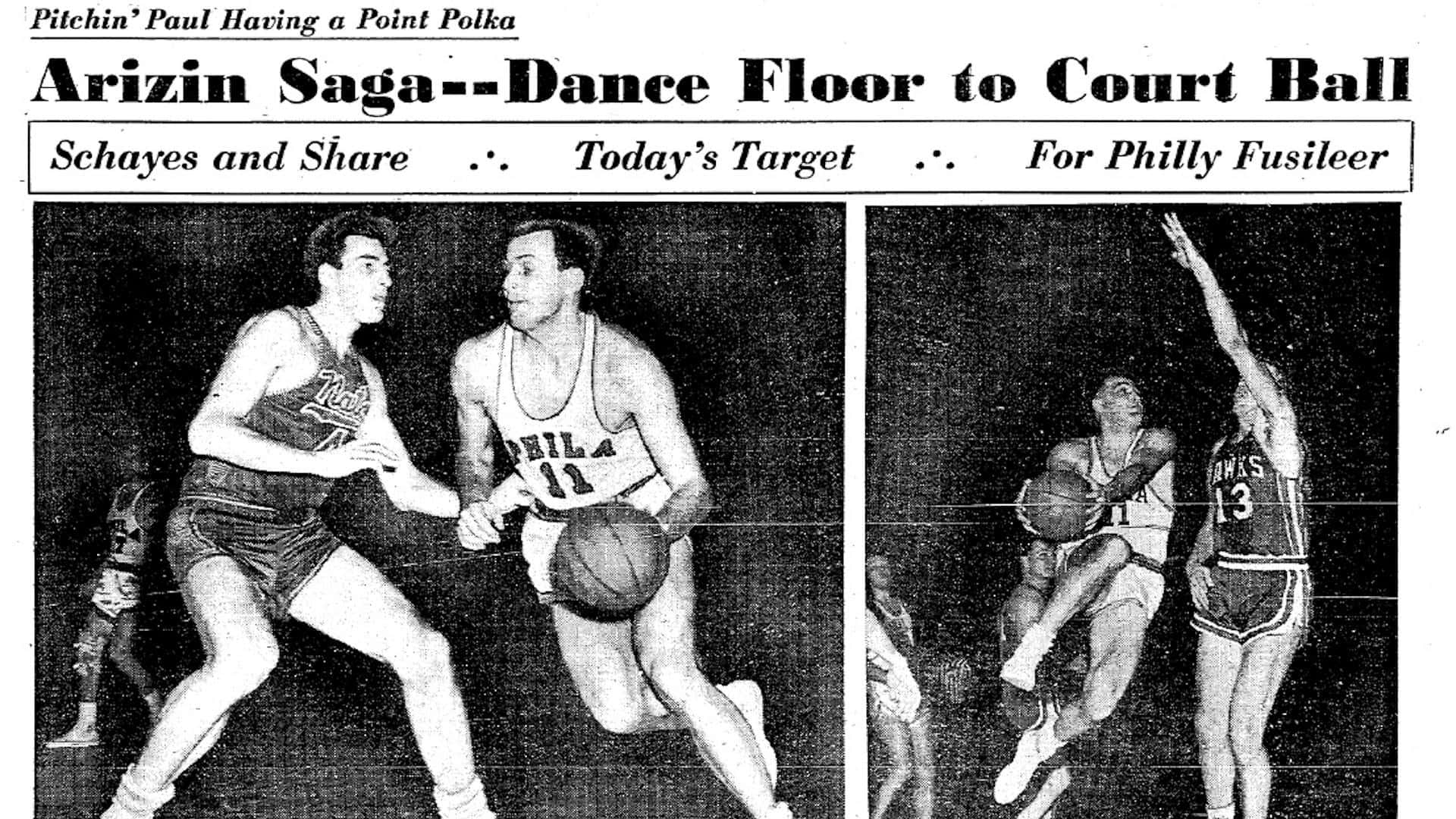 Dolph Schayes 報紙封面 壁紙 — 復古黑白報紙剪報顯示兩名籃球運動員在比賽中行動，上方有粗體標題。