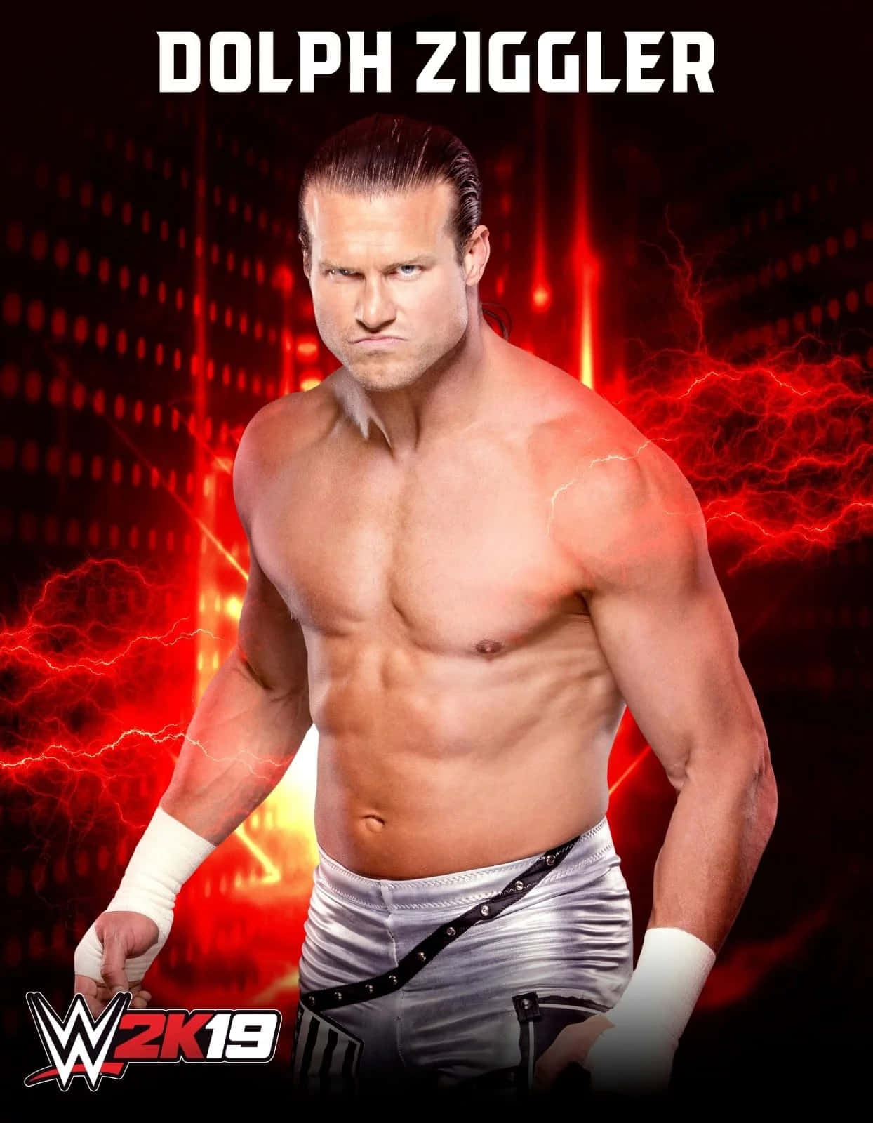 Dolph Ziggler 2019年海報設計 壁紙 — 肌肉發達的摔角手Dolph Ziggler在WWE 2K19宣傳藝術中，對著熾熱的紅色閃電背景凝視。