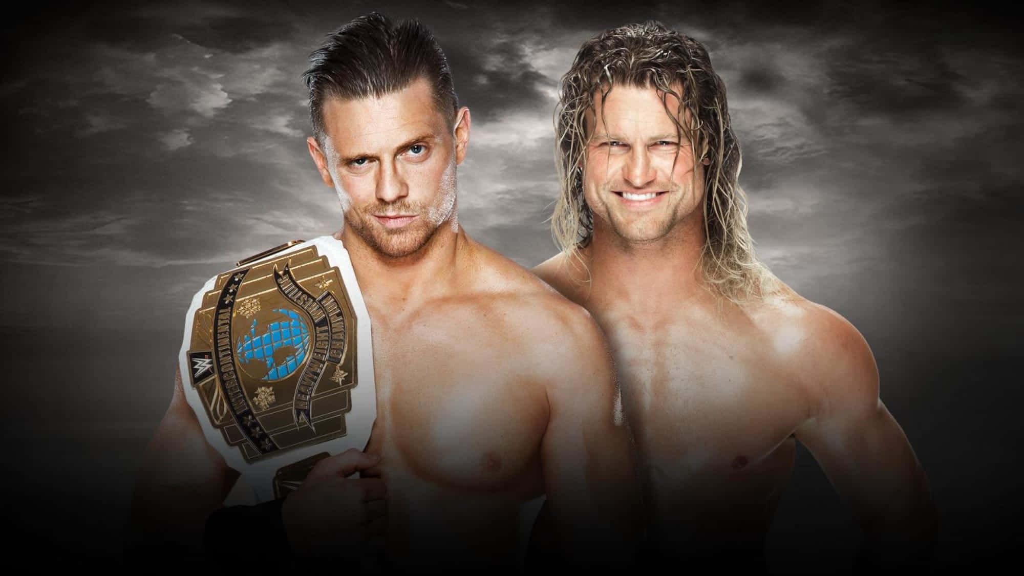 Dolph Ziggler The Miz Tag Team Partners 壁紙 — 兩位肌肉發達的摔角手在暴風雨的天空下自信地擺姿勢，其中一人手持冠軍腰帶。